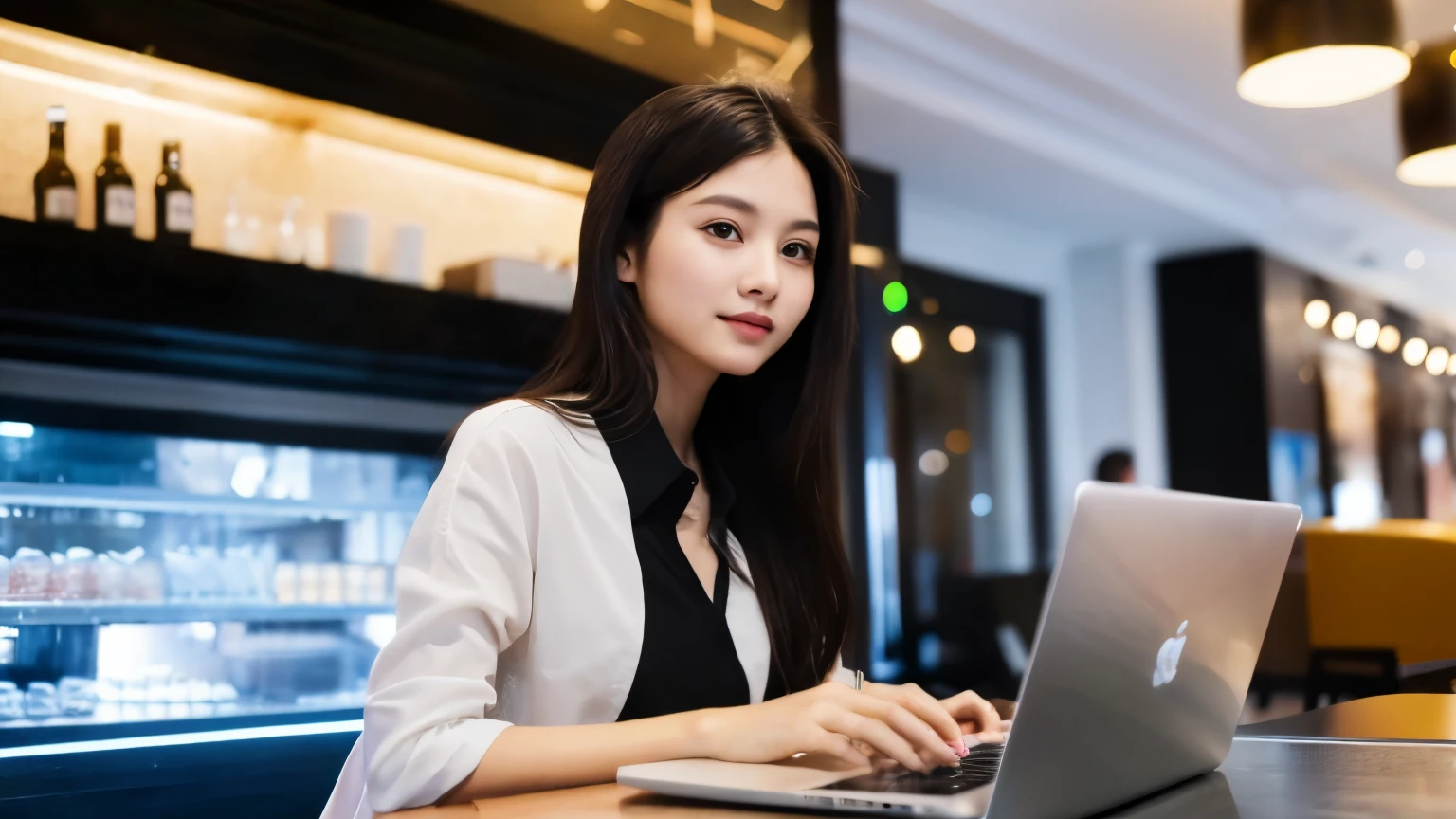 ((highest quality)), ((masterpiece)), (be familiar with), perfect face,A woman working remotely using a laptop at a cafe in the city