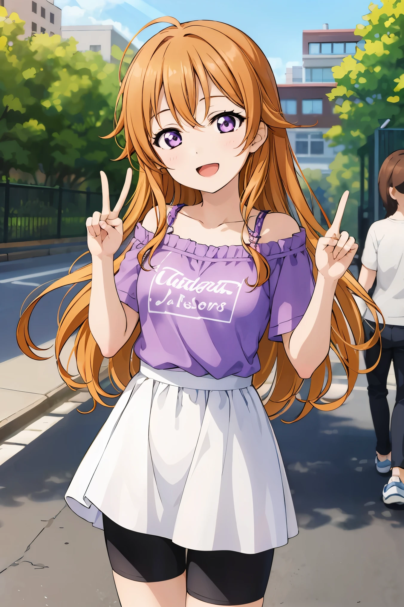 (best quality, masterpiece:1.2), (1girl, solo:1.2), cute, smile,  detailed background, (looking at viewer, solo focus:1.2), light on face, sky, blue sky, cowboy shot, sunlight, lens flare, depth of field, scenery, open mouth,
Kanata konoe, long hair, purple eyes, blonde hair, straight hair, off shoulder, purple shirt dress, short sleeves, bike shorts, standing, two peace sign, solo focus,