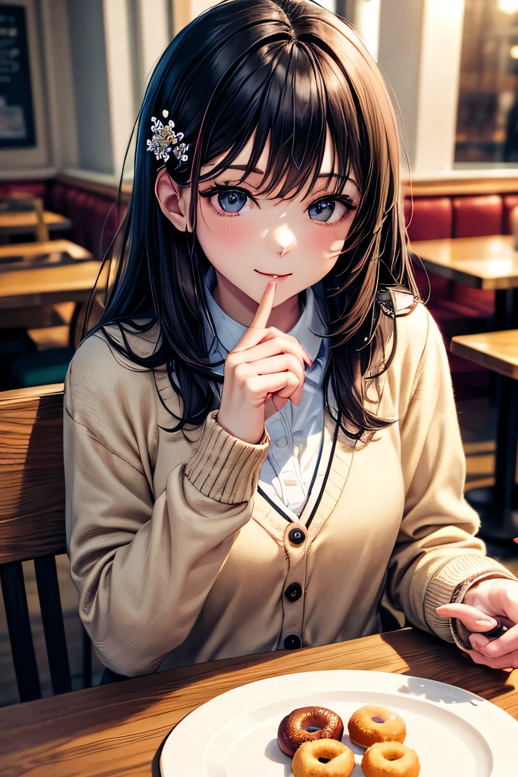 Very cute and beautiful girl sitting on a chair in a restaurant,(very detailed美しい顔),
white blouse,smile,(beige cardigan:1.2) BREAK dynamic angle,hair ornaments,black hair,black pleated mini skirt,
wooden table,(cup of tea),(donuts on a plate),some people at far away tables々,Depth of the bounds written,
(highest quality,masterpiece:1.2),disorganized,High resolution,super detailed,very detailed,32K,8K resolution,
intricate details,movie-like scene,detailed background,alone,dynamic angle,perfect hands,