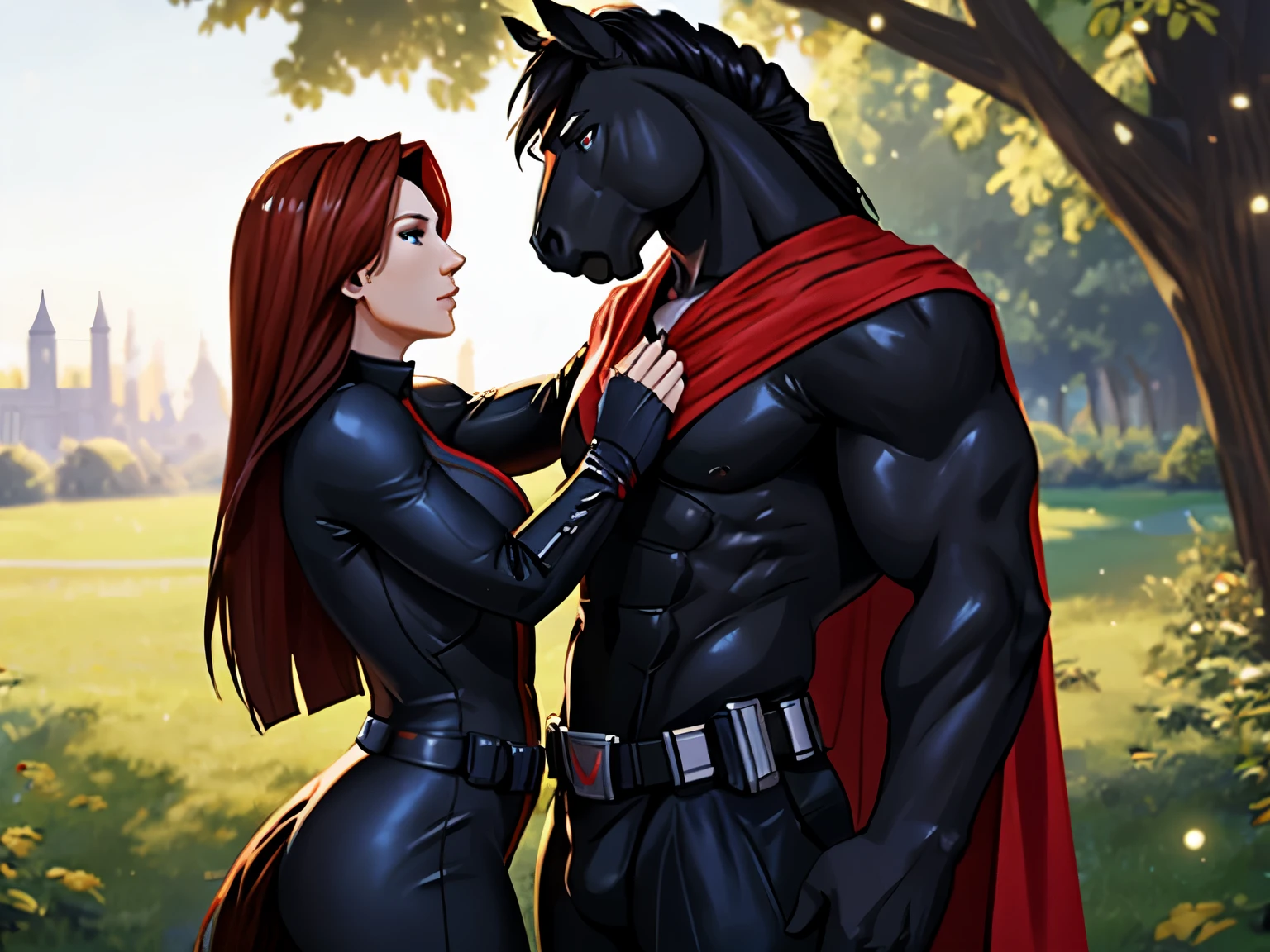 nsfw, two characters in frame, furry and human, furry male, human female, human pairing, (horse), (brown body) anthro, male, anthro equine, muscles, handsome, outside, full body picture of a male anthro equine superhero with black cape groping the thigh of a black widow, superheroes, black widow, marvel, marvel black widow, natasha romanoff, black catsuit, size difference, taller male, shorter female, different species, mixed race pairing, sexy female, lustful, detailed face, male is wearing a black cape, epic, depth of field, perfect lighting, (light particles),(best quality),(masterpiece),(ultra detailed),sharp focus,light particles, detailed eyes, furry,