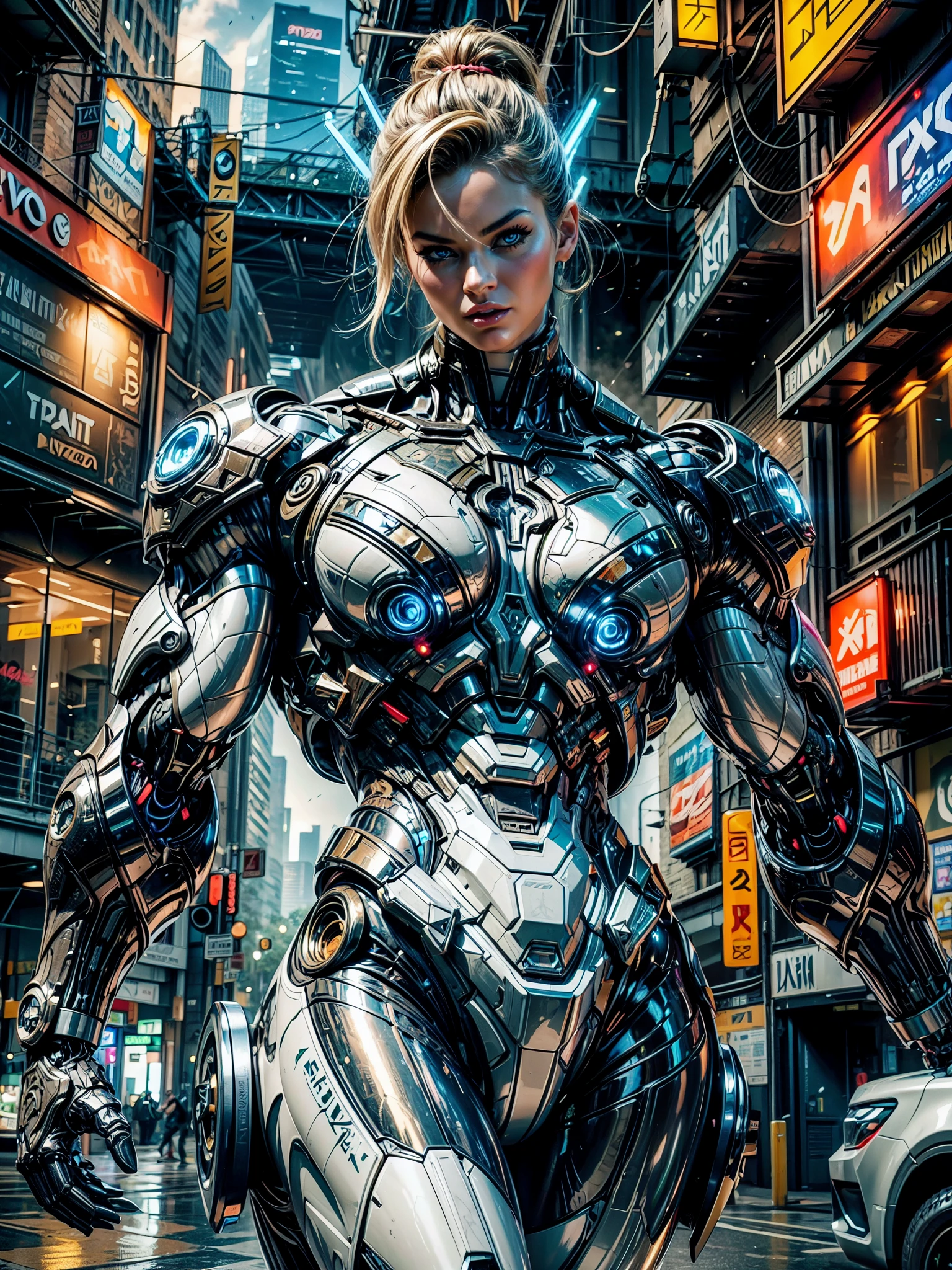 Cinematic, hyper-detailed, and insanely detailed, this artwork captures the essence of a bald hairless muscular female android girl. Beautiful color grading, enhancing the overall cinematic feel. Unreal Engine brings her anatomic cybernetic muscle suit to life, appearing even more mesmerizing. With the use of depth of field (DOF), every detail is focused and accentuated, drawing attention to her eyes and the intricate design of the anatomic cybernetic muscle suit . The image resolution is at its peak, utilizing super-resolution technology to ensure every pixel is perfect. Cinematic lighting enhances her aura, while anti-aliasing techniques like FXAA and TXAA keep the edges smooth and clean. Adding realism to the anatomic cybernetic muscle suit, RTX technology enables ray tracing. Additionally, SSAO (Screen Space Ambient Occlusion) gives depth and realism to the scene, the girl's anatomic cybernetic muscle suit become even more convincing. In the post-processing and post-production stages, tone mapping enhances the colors, creating a captivating visual experience. The integration of CGI (Computer-Generated Imagery) and VFX (Visual Effect brings out the anatomic cybernetic muscle suit's intricate features in a seamless manner. SFX (Sound Effects) complement the visual artistry, immersing the viewer further into this fantastic world. The level of detail is awe-inspiring, with intricate elements meticulously crafted, the artwork hyper maximalist and hyper-realistic. Volumetric effects add depth and dimension, and the photorealism is unparalleled. The image is rendered in 8K resolution, ensuring super-detailed visuals. The volumetric lightning adds a touch of magic, highlighting her beauty and the aura of her anatomic cybernetic muscle suit in an otherworldly way. High Dynamic Range (HDR) technology makes the colors pop, adding richness to the overall composition. Ultimately, this artwork presents an unreal portrayal of a super muscled cybernetic female android