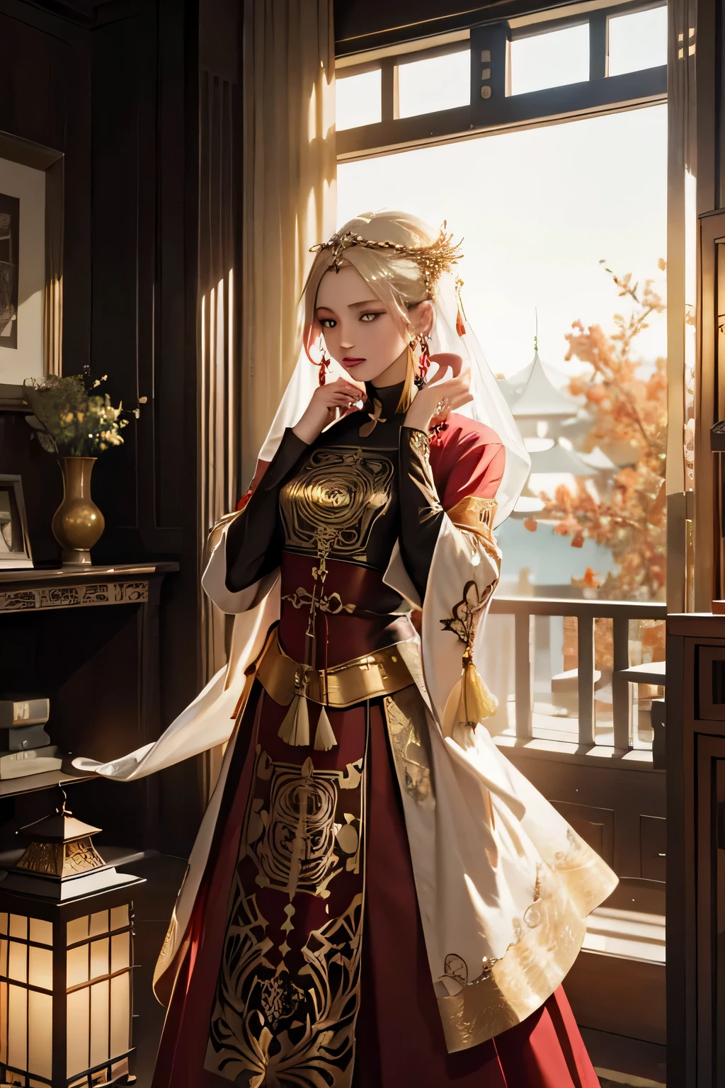 best quality, masterpiece, highres, (exquisite body:1.5),gorgeous face,(milky skin:1.3),intricate details,high resolution,wallpaper, 1girl, solo, stand up, dress, full hijab, (((gold and red dress))), flowers, closed mouth, jewelry, long sleeves, hand up, wide sleeves, big eyes,floating hair, chinese clothes, hanfu, embroidery, long skirt, natural pose, falling petals, indoor,fanning, lantern, 16K,HDR,highres,depth field,(film grain:1.1),boken,golden hour,(lens flare),vignette,rainbowing,(color grading:1.5)
