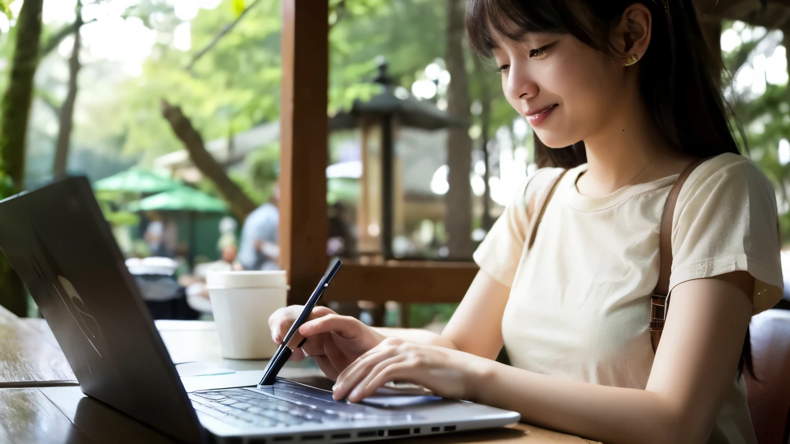 ((highest quality)), ((masterpiece)), (be familiar with), perfect face,A woman working remotely using a laptop at a cafe,Cafe in the forest