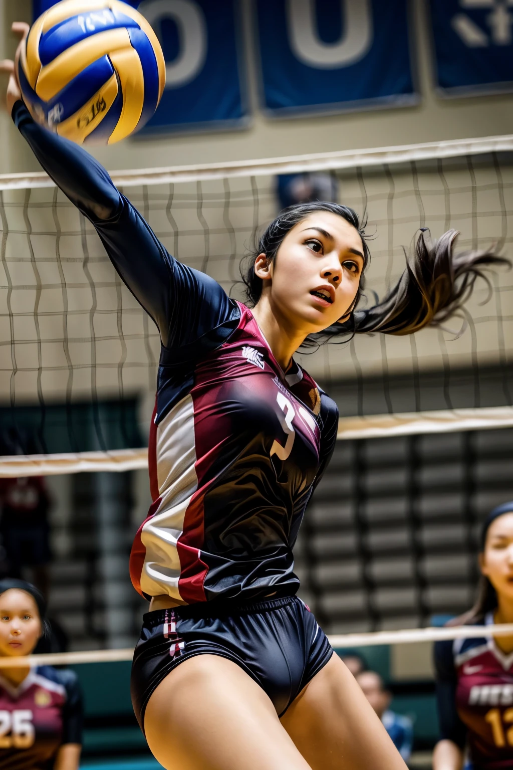 Image of a female volleyball player spiking over the net.