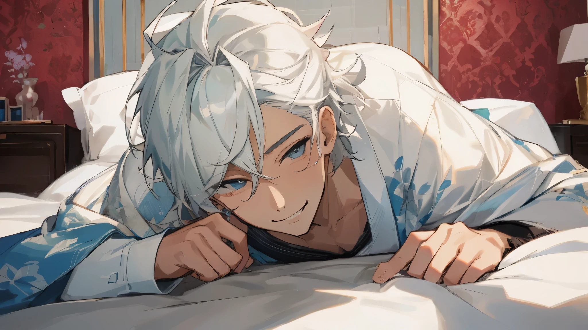 Handsome guy、male、sexy face、smile、on the bed