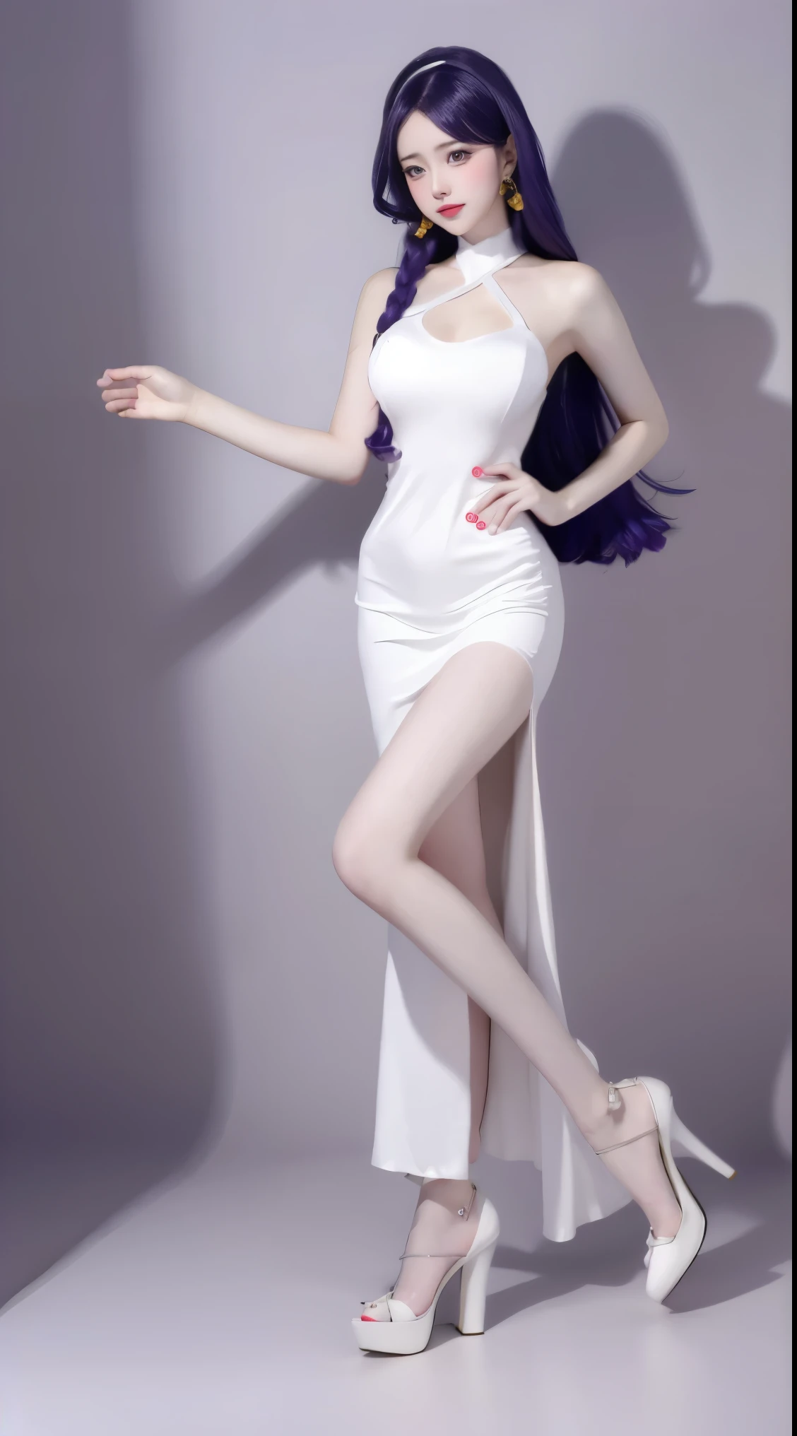 8k, Surreal, masterpiece, best quality, Super detailed, high resolution, random background, 1個Giant Breast Girl, (:1.5), Willow Yao, white dress，Half，whole body，High heel白色婚纱，High heel，whole body，Purple