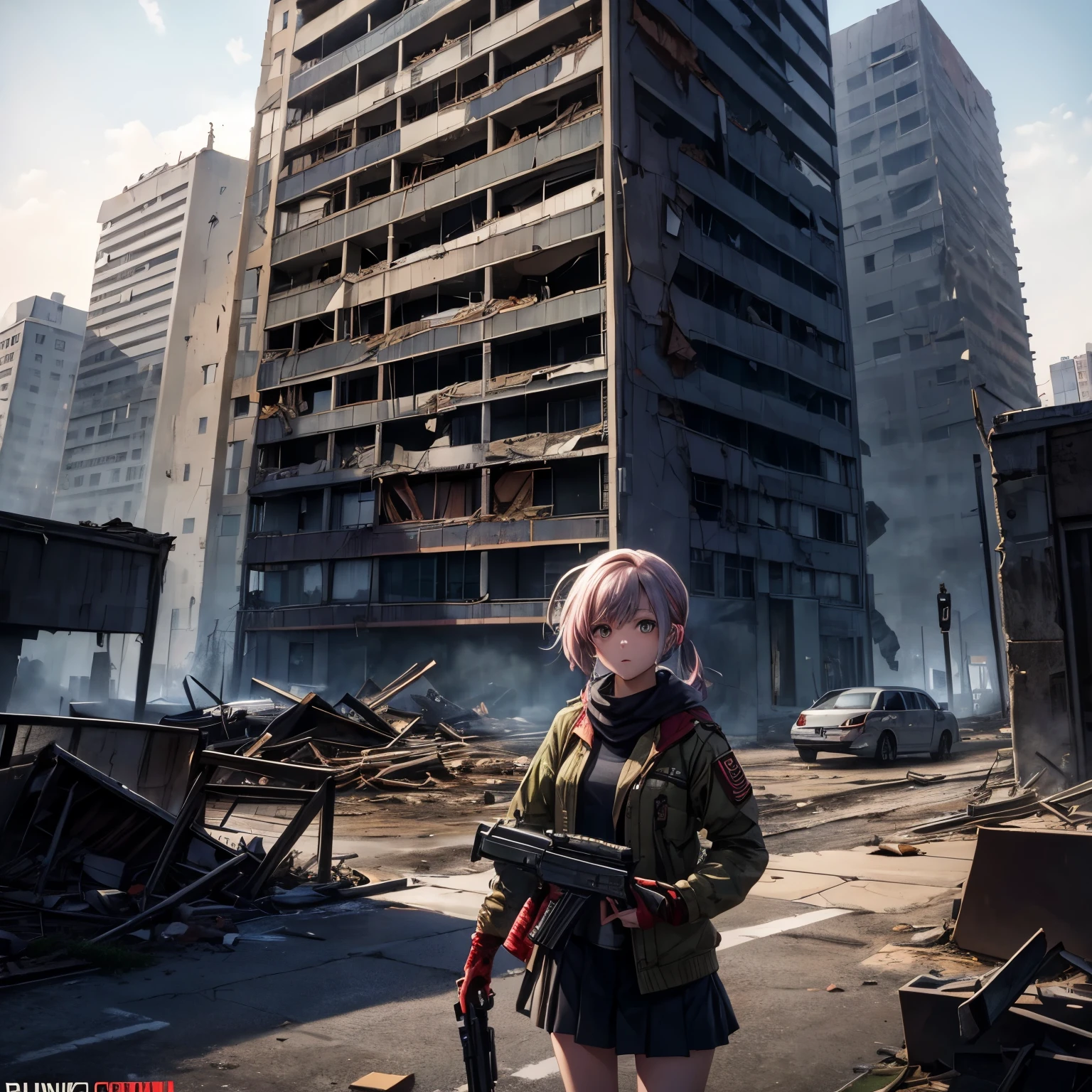 A girl who was playing gunhots to survive the zombi attacked and wearing military clothes, added a crushing urban background, a building that was almost crumbled and obsolete, giving panaroma's ashes
