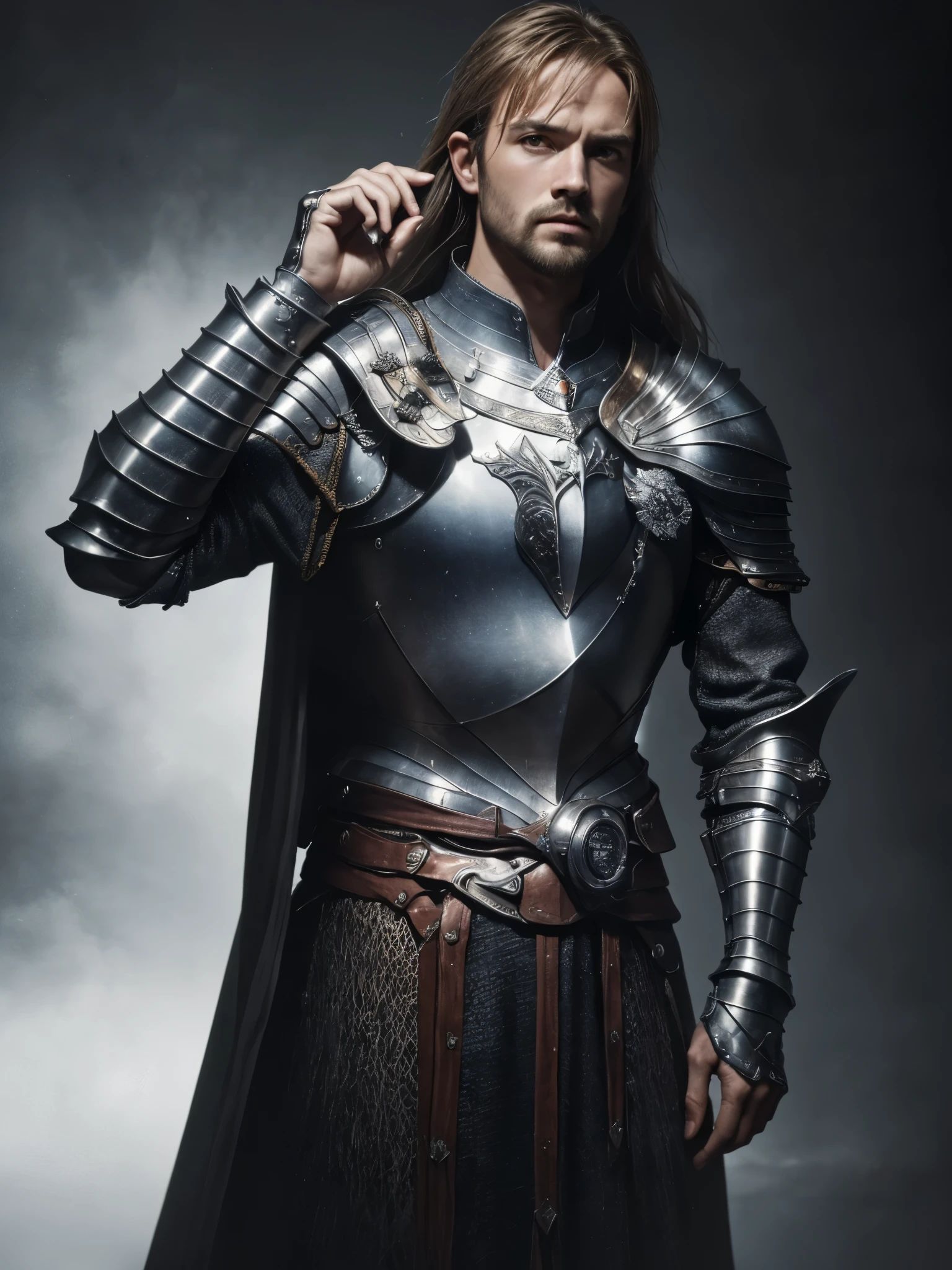 (masterpiece:1.3), (8K、photorealistic, Raw photo, best quality:1.4), (British men), Powerful face, (thick eyebrows), (Strong jaw and stubble), fearless smile, luxury suit, dark blonde long hair, powerful blue eyes, muscular body, ((The Legend of King Arthur)), ((Legendary armor)), ((perfect )), (high detail skin: 1.2), (((wonderful excalibur))), ((accurate hands, precise fingers, 5 fingers)), (great muscles)、((British castle at daytime, tower of london, windsor castle, Edinburgh Castle)), draw your sword and prepare it, sharp focus, contrast lighting, fine skin, high resolution 8k, crazy details, realistic, professional photography, 8k UHD, Single-lens reflex camera, soft light , high quality, film grain, Fujifilm XT3