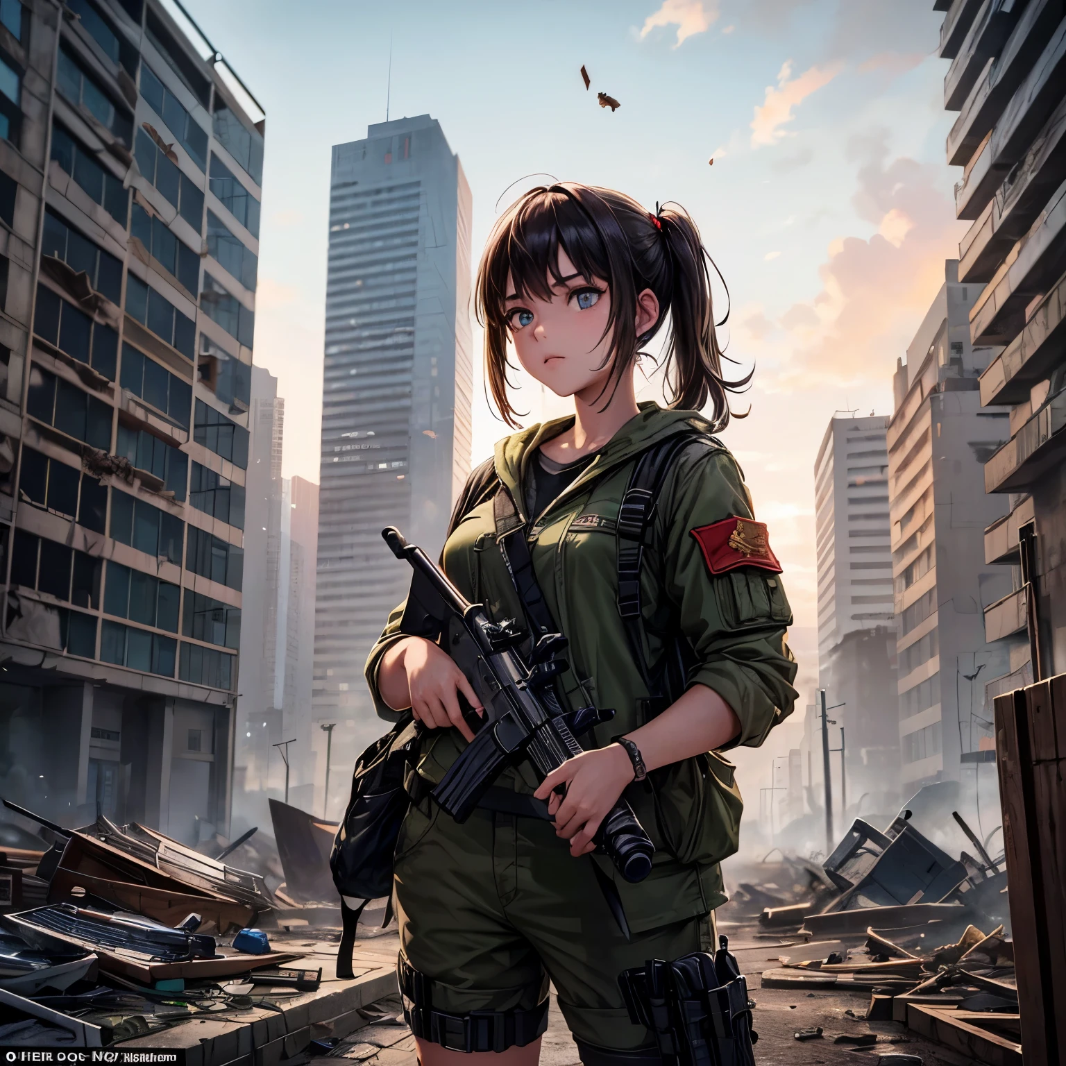 A teenage girl who was playing gunhots to survive the zombi attacked and wearing military clothes, added a crushing urban background, a building that was almost crumbled and obsolete, giving panaroma's ashes
