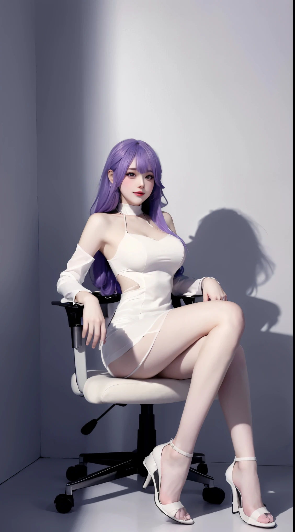 8k, Surreal, masterpiece, best quality, Super detailed, high resolution, random background, 1個Giant Breast Girl, (:1.5), Willow Yao, white dress，translucent，whole body，High heel白色透明婚纱，High heel，whole body，purple hair，Gaming chair，light，Original God Thor