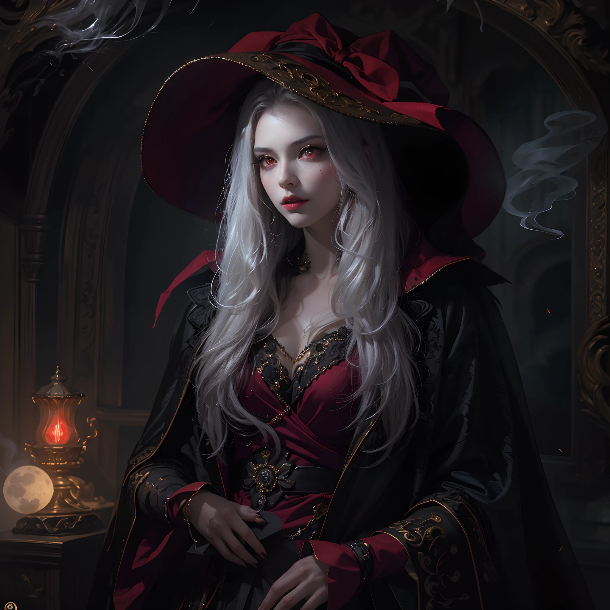 (Numerous award-winning masterpieces, with incredible detail, textures and maximum detail), (hyper realistic:1.4), (realistic:1.3), (Full body image:1.7), (upper body up:0.3), ((medieval world)), (best quality real texture skin), (five perfect and beautiful fingers:1.8), (Beautiful vampire high rank wizard: 1.7), (Two thick, long, sharp vampire teeth protruding from the lips: 1.7), (Wearing a wizard's black hat: 1.6), (A jet-black cloak with delicate decorations: 1.6), (A cloak with delicate decorations, although it is damaged and faded: 1.5), (finely detailed true circle Symmetrical eyes), (finely Detailed and beautiful face:1.6), (Image of aesthetic and decadent atmosphere: 1.6), (fair but beautiful skin and face: 1.6), (wearing many decadent and delicately crafted accessories: 1.8), (High-ranking vampire wizard who releases magic from fingertips: 1.3), (Magic circle that emits light strongly: 1.3), (Bio luminescent bright red eyes: 1.7), (Depraved Beauty: 1.6), (A pair of red eyes with strong red light emitting from within:1.7), (elegant and luxuriously crafted accessories:1.8), (Less skin exposure:1.5), (Strong moonlight coming in from outside: 1.7), ((dramatic photo)), ((cinematic light)), (Full-length portrait:1.7), (looks up), (looking down), (dramatic pose), (smoke effects and bewitching light:1.4), beautiful white hair, beautiful silver hair, beautiful blonde hair, Wind Effects, (Drifting purple smoke: 1.3), Ruins of an old castle, Royal Underground Tombs, (The witch's messy room: 1.6), ((Dark nights, full moon nights, new moon nights)), epic realistic, faded, ((neutral colors)), art, (hdr:1.5), (muted colors:1.2), hyper detailed, (art station:1.5), cinematic, warm lights, light effect, dramatic light, (intricate details:1.1), complex background, (Greg rutkowski:0.8), (teal and orange:0.4),