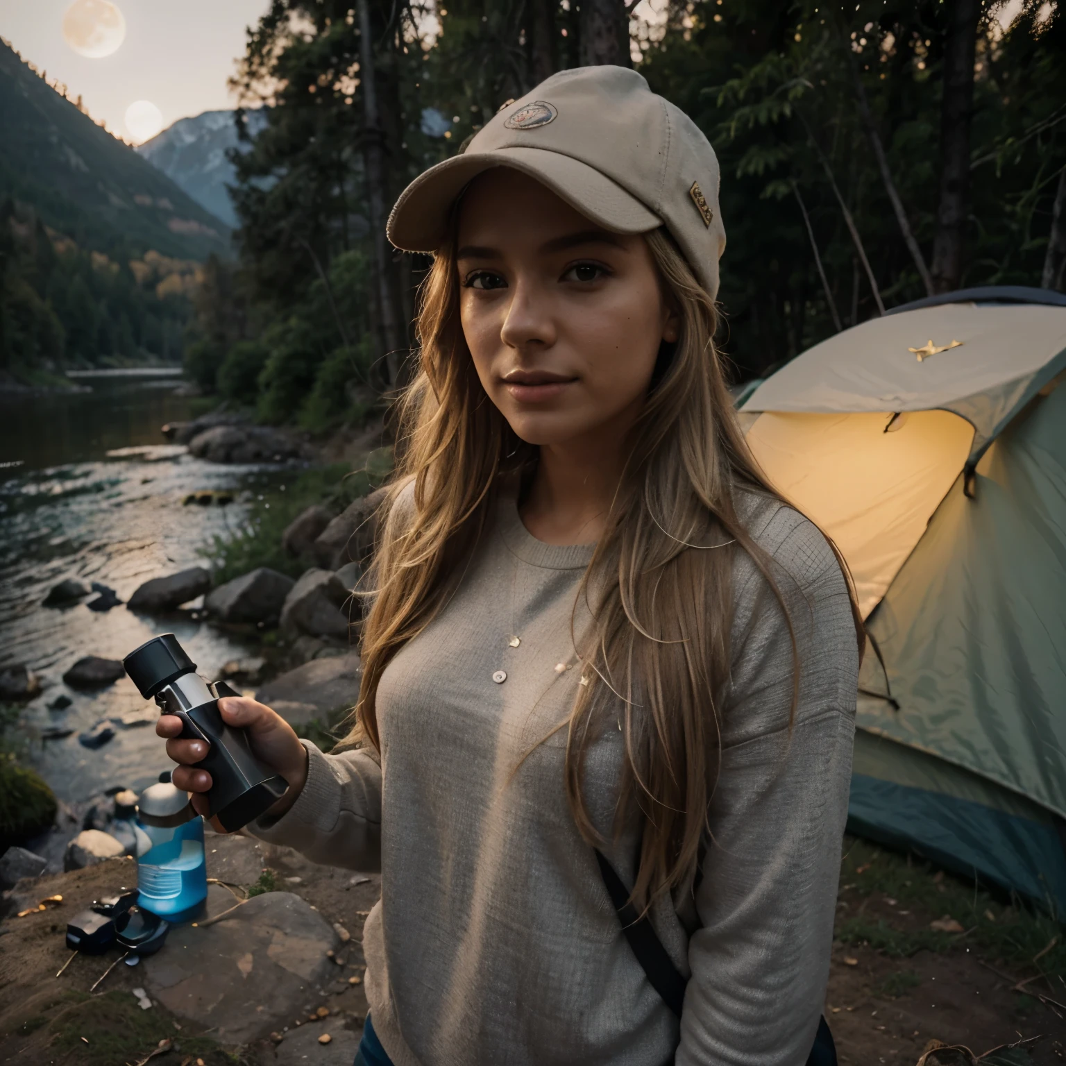 1 woman of 22-year-old Colombian girl with long, flowing blonde hair and striking light eyes ((upper body selfie, happy)), masterpiece, best quality, ultra-detailed, solo, outdoors, (night), mountains, nature, (stars, moon) cheerful, happy, backpack, sleeping bag, camping stove, water bottle, mountain boots, gloves, sweater, hat, flashlight, forest, rocks, river, wood, smoke, shadows, contrast, clear sky, analog style (look at viewer:1.2) (skin texture) (film grain:1.3), (warm hue, warm tone:1.2), close up, cinematic light, sidelighting, ultra high res, best shadow, RAW, upper body, wearing pullover