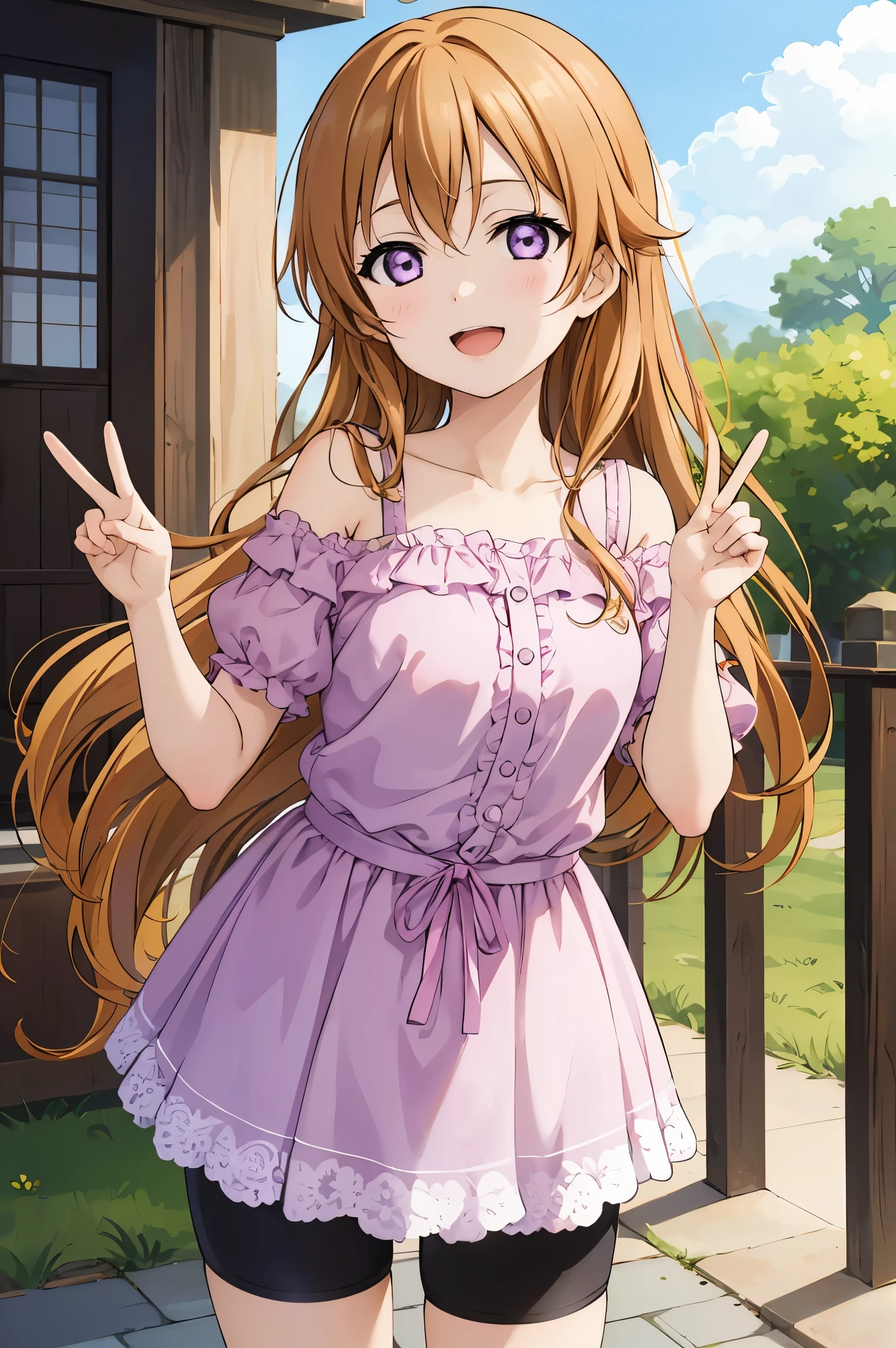 (best quality, masterpiece:1.2), (1girl, solo:1.2), cute, smile,  detailed background, (looking at viewer, solo focus:1.2), light on face, sky, blue sky, cowboy shot, sunlight, lens flare, depth of field, scenery, open mouth,
Kanata konoe, long hair, purple eyes, blonde hair, straight hair, off shoulder, purple shirt dress, short sleeves, bike shorts, standing, two peace sign, solo focus,