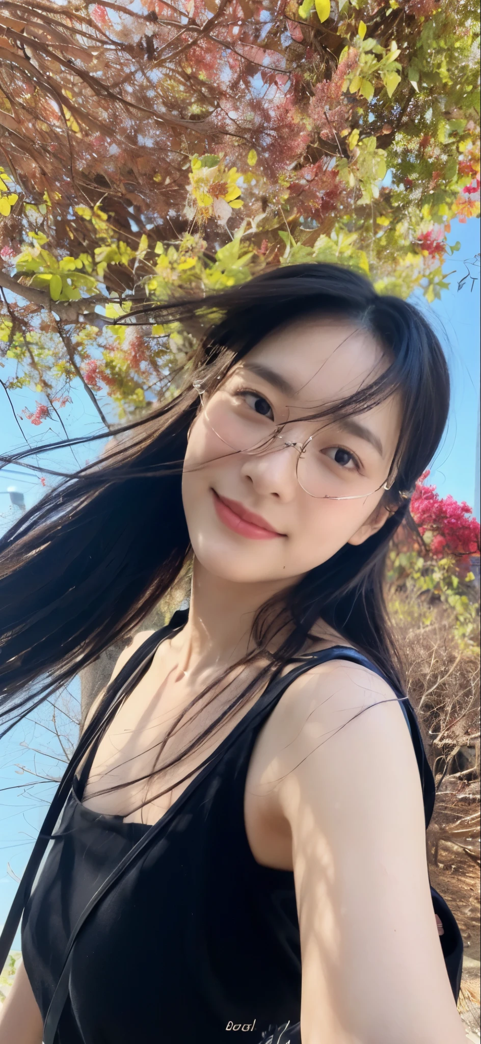 ((​Masterpiece, Top image quality, high resolution、alone、skin shiny))(on the table, best quality, actual, super detailed, meticulous, high resolution, 8k wallpaper), Close-up portrait of a beautiful woman, like, smiling, light brown messy hair, Perfect dynamic composition, 美丽meticulous的眼睛, Just like the cover of a fashion magazine, on campus，wearing gold glasses