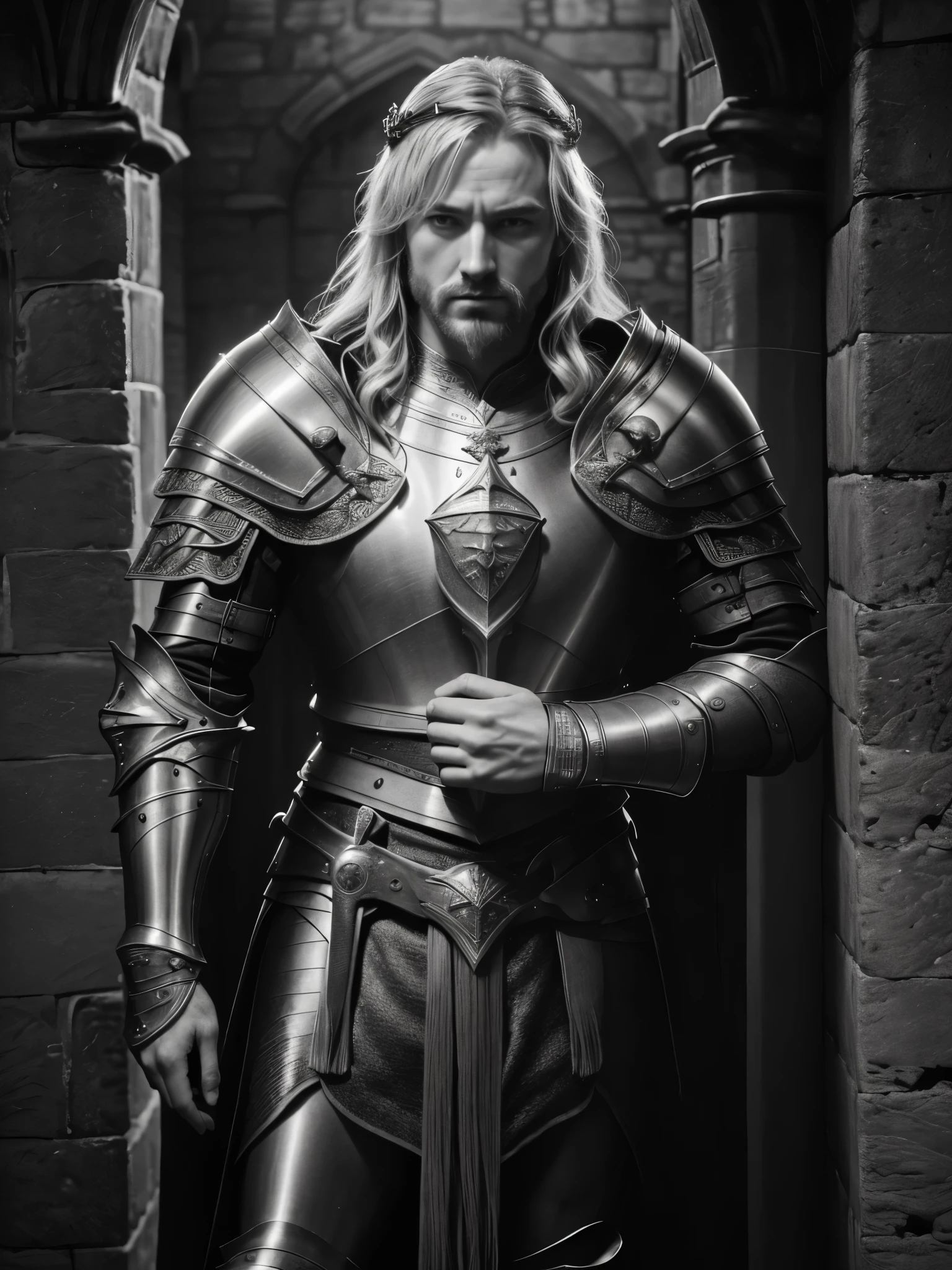 (masterpiece:1.3), (8K、photorealistic, Raw photo, best quality:1.4), ((monochrome, Sepia tone, Scratching of the film)), (British men), Powerful face, (thick eyebrows), (Strong jaw and stubble), fearless smile, luxury suit, dark blonde long hair, powerful blue eyes, muscular body, ((The Legend of King Arthur)), ((Legendary armor)), ((perfect )), (high detail skin: 1.2), (((wonderful excalibur))), ((accurate hands, precise fingers, 5 fingers)), (great muscles)、((British castle at daytime, tower of london, windsor castle, Edinburgh Castle)), draw your sword and prepare it, ((Movie shooting scene)), sharp focus, contrast lighting, fine skin, high resolution 8k, crazy details, realistic, professional photography, 8k UHD, Single-lens reflex camera, soft light , high quality, film grain, Fujifilm XT3