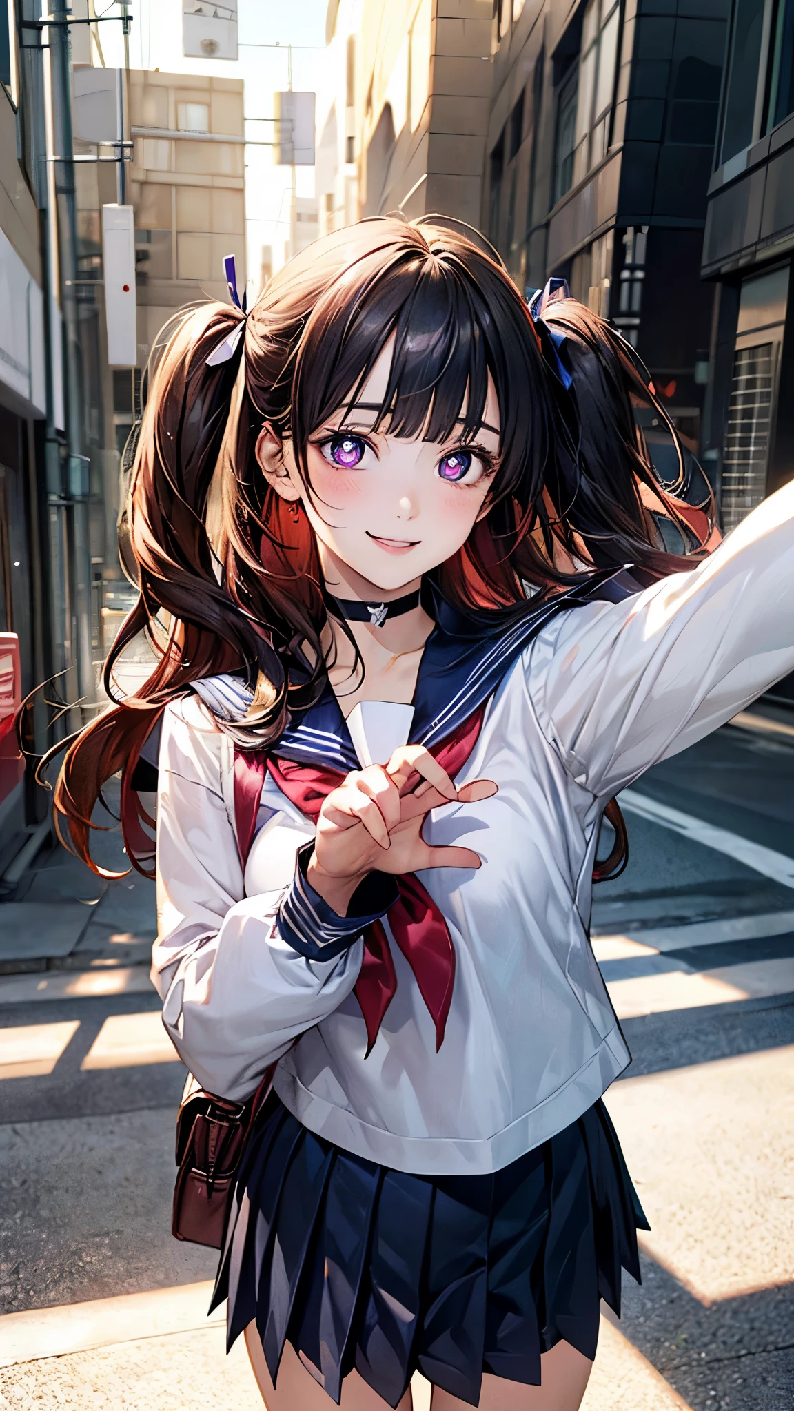 (masterpiece:1.2, top-quality), (realistic, photorealistic:1.4), beautiful illustration, (natural side lighting, movie lighting), nsfw,
looking at viewer, 1 girl, japanese, high school girl, perfect face, cute and symmetrical face, shiny skin,
(long hair:1.7, (two side up:1.4), black hair), blunt bangs, swept bang, purple eyes, long eye lasher, (medium breasts), slender, light red hair ribbon,
beautiful hair, beautiful face, beautiful detailed eyes, beautiful clavicle, beautiful body, beautiful chest, beautiful thigh, beautiful legs, beautiful fingers,
((long sleeves white cute sailor fuku, white pleated skirt, navy sailor collar, dark neck ribbon, black choker, black belt, )), bring light pink hand bag,
(beautiful scenery), evening, (street), standing, outstretched arms, (heart shaped pupils, in heat, aroused, happy smile),