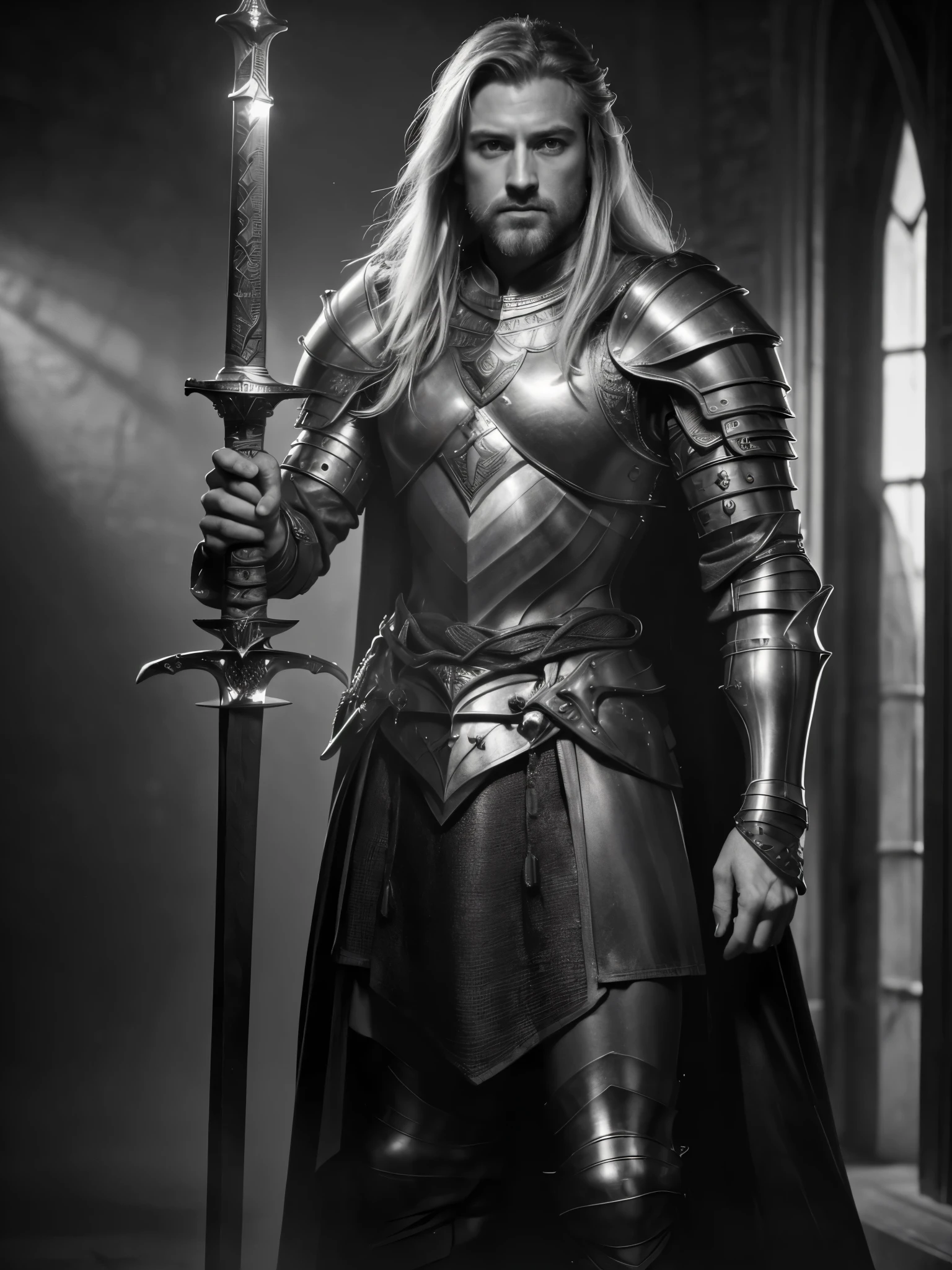 (masterpiece:1.3), (8K、photorealistic, Raw photo, best quality:1.4), ((monochrome, Sepia tone, Scratching of the film)), (British men), Powerful face, (thick eyebrows), (Strong jaw and stubble), fearless smile, luxury suit, dark blonde long hair, powerful blue eyes, muscular body, ((The Legend of King Arthur)), ((Legendary armor)), ((perfect )), (high detail skin: 1.2), (((wonderful excalibur))), ((accurate hands, precise fingers, 5 fingers)), (great muscles)、((British castle at daytime, tower of london, windsor castle, Edinburgh Castle)), draw your sword and prepare it, ((Movie shooting scene)), sharp focus, contrast lighting, fine skin, high resolution 8k, crazy details, realistic, professional photography, 8k UHD, Single-lens reflex camera, soft light , high quality, film grain, Fujifilm XT3