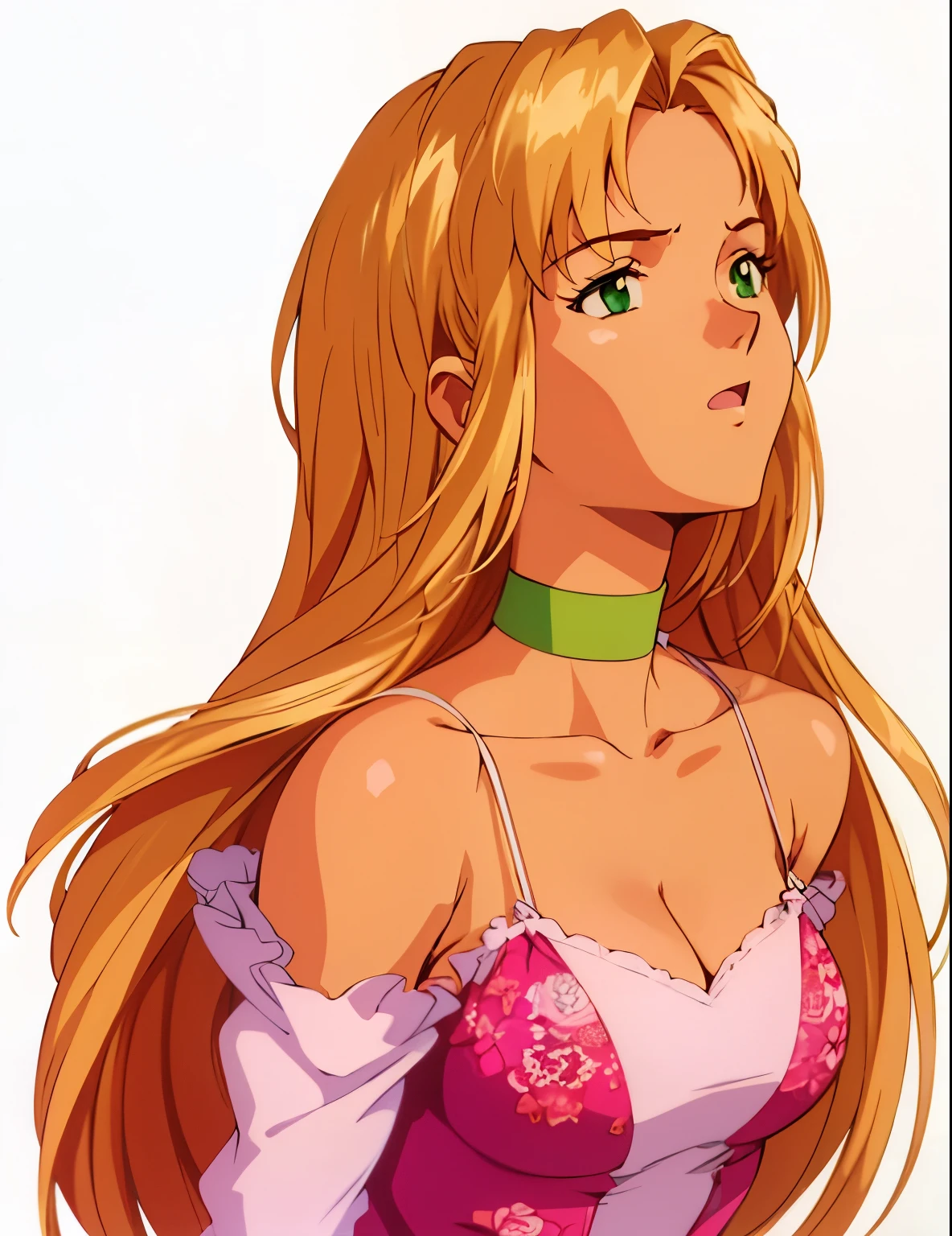 evangelion anime style, anime screencap, 1990s_\(style\), 1girl, green eyes, green choker with pink flower