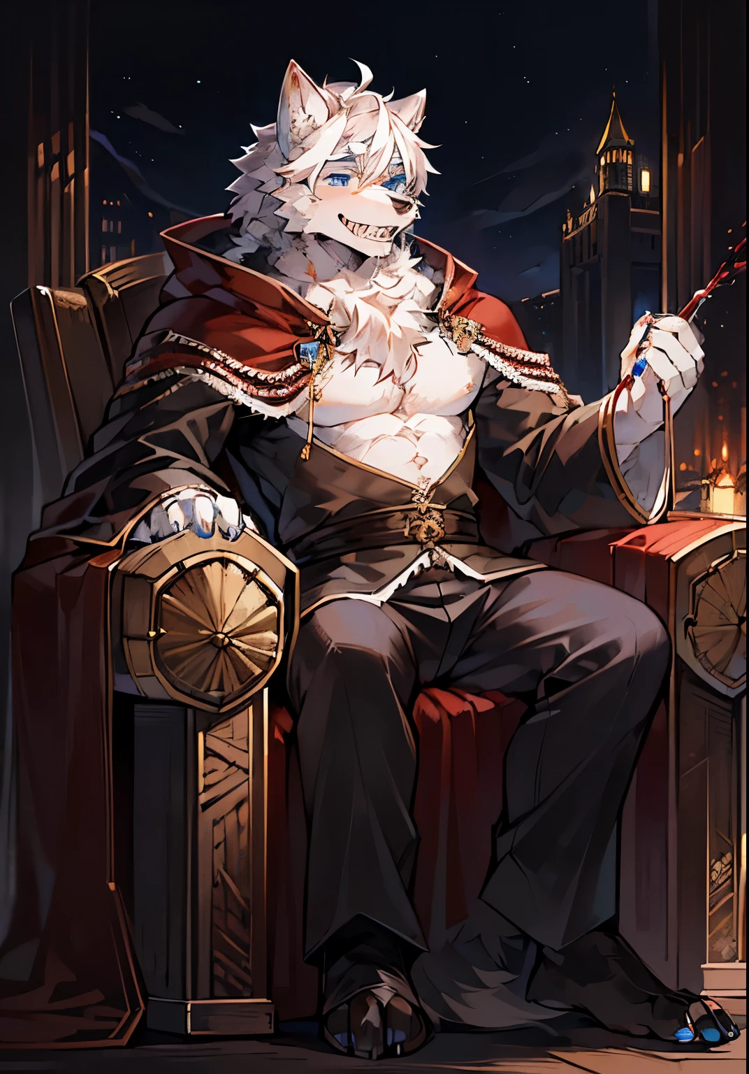 (dark environment:0.8),masterpiece, high quality, H, number \(artwork\), by dagashi, Yes,Kiyoyama,(Hana charcoalo,fluffy fur,Character focus:1.1),Hana charcoalo male cat,short hair,portrait, Bright Eyes,panoramic,Character focus,aggressive.(Detailed background:0.7),alone,hairy,hairy male ,male focus,Hana charcoal,(Full body fur, hairy尾巴, white fur,dark blue eyes,white hair:1.2),(long canine teeth,wolf orc, cape:1.2),(Internal,night, castle, throne:1.1)