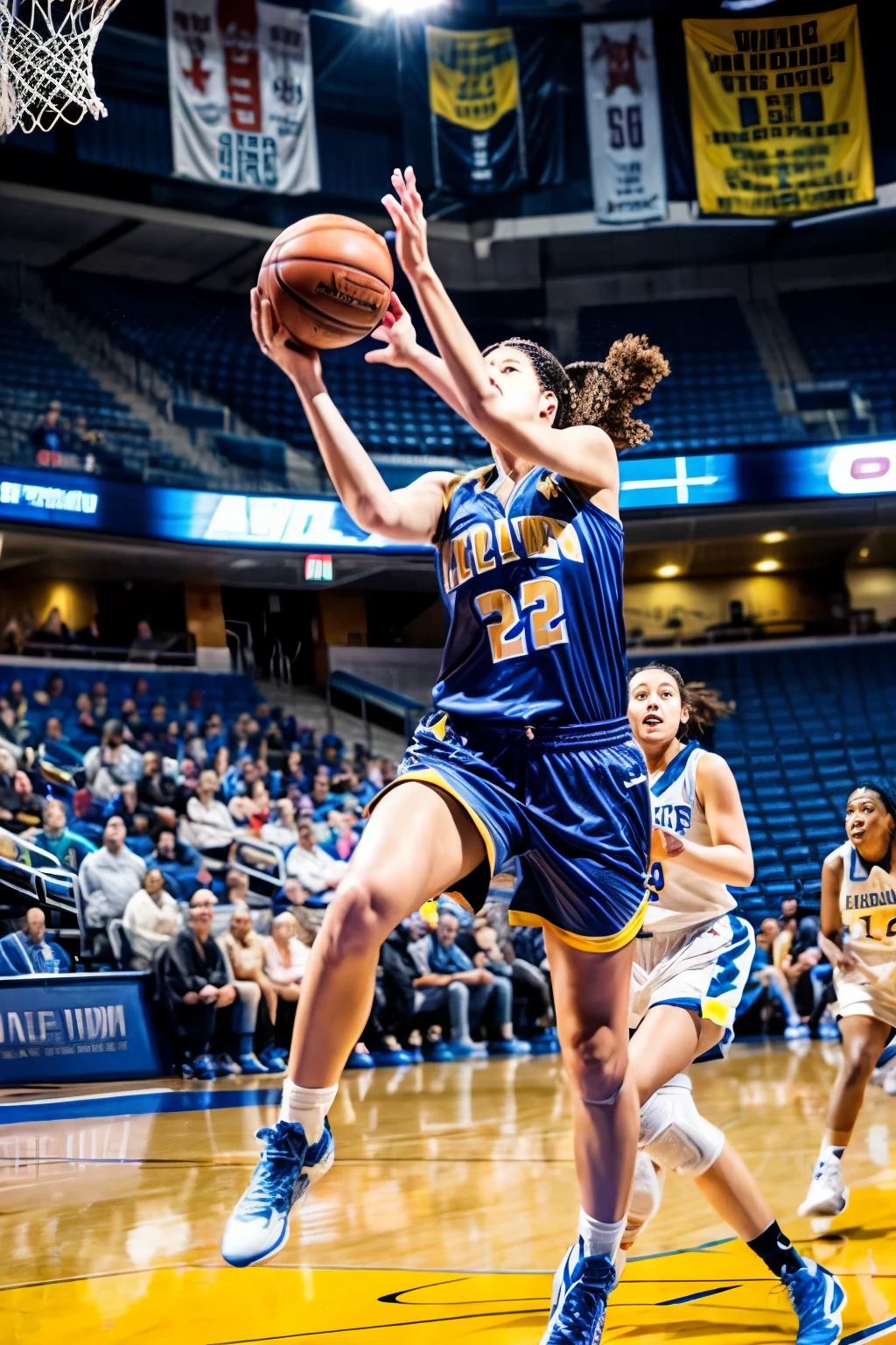 Women's basketball player shooting a layup
