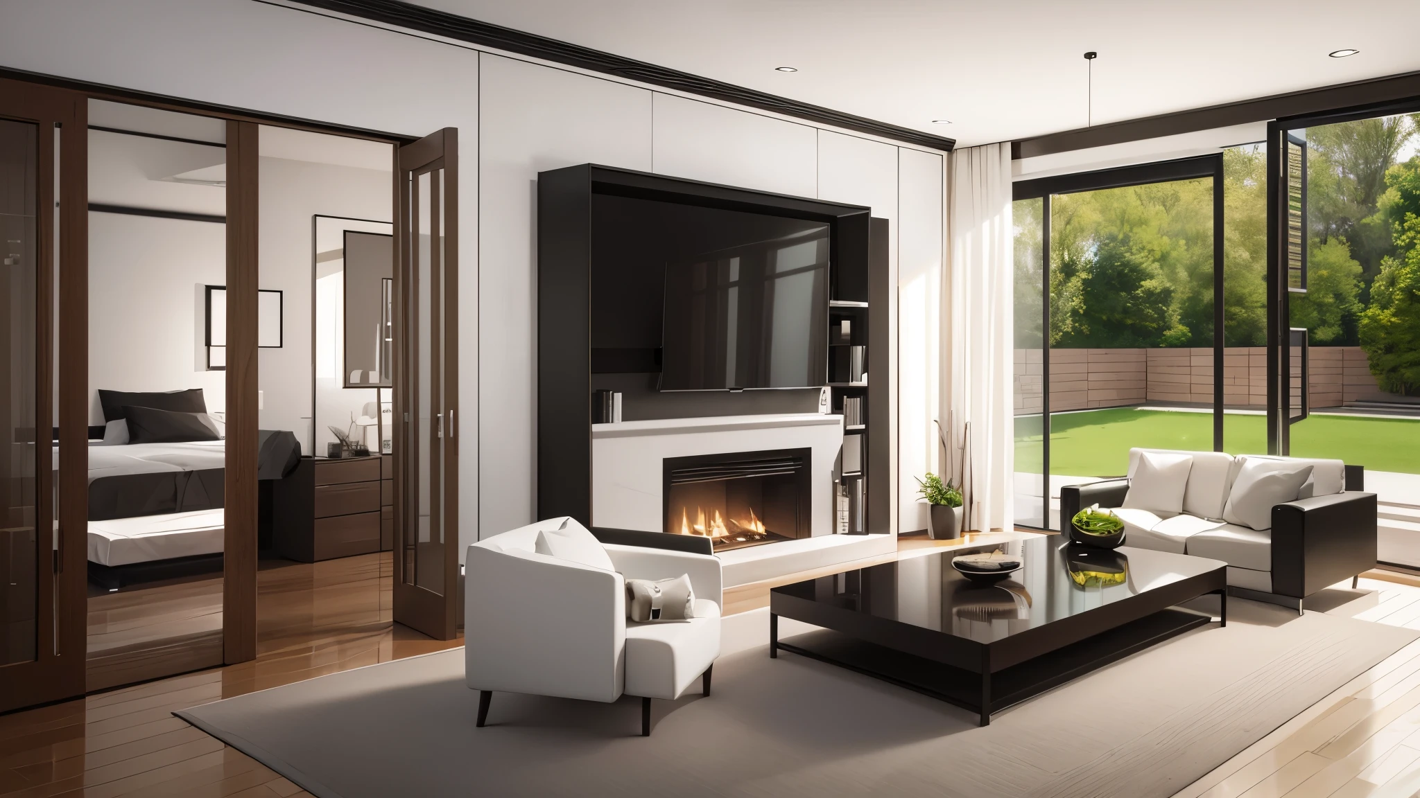 you are a famous interior designer、I was asked to create a 3D image of a large modern room.。. Create a harmonious environment with modern and minimalist furniture. Including garden interior.