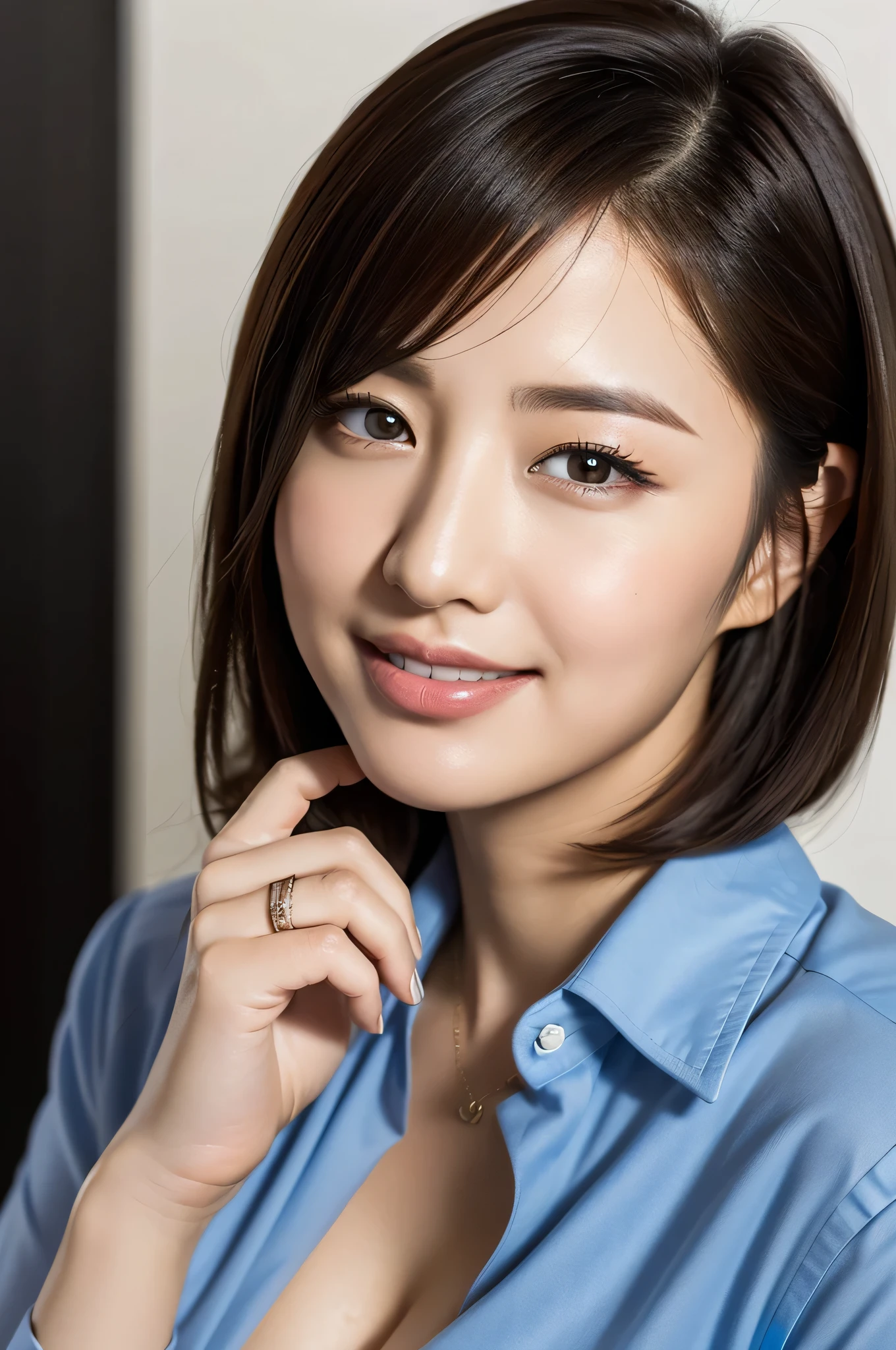 (8k, highest quality, masterpiece: 1.2), (realistic, realistic: 1.37), Super detailed, 1 girl, cute, alone, beautiful and detailed sky, detailed office, night, sitting, (nose becomes red), (smile: 1.15), (closed your mouth), Medium chest, fine and beautiful eyes, (collared shirt: 1.1), night, Wet, business clothes, rain, (short hair: 1.2), face to face with the children_v1, computer, finger details, beautiful and detailed face, cleavage, japanese actress, 50 years old, nasolabial folds, facial wrinkles,