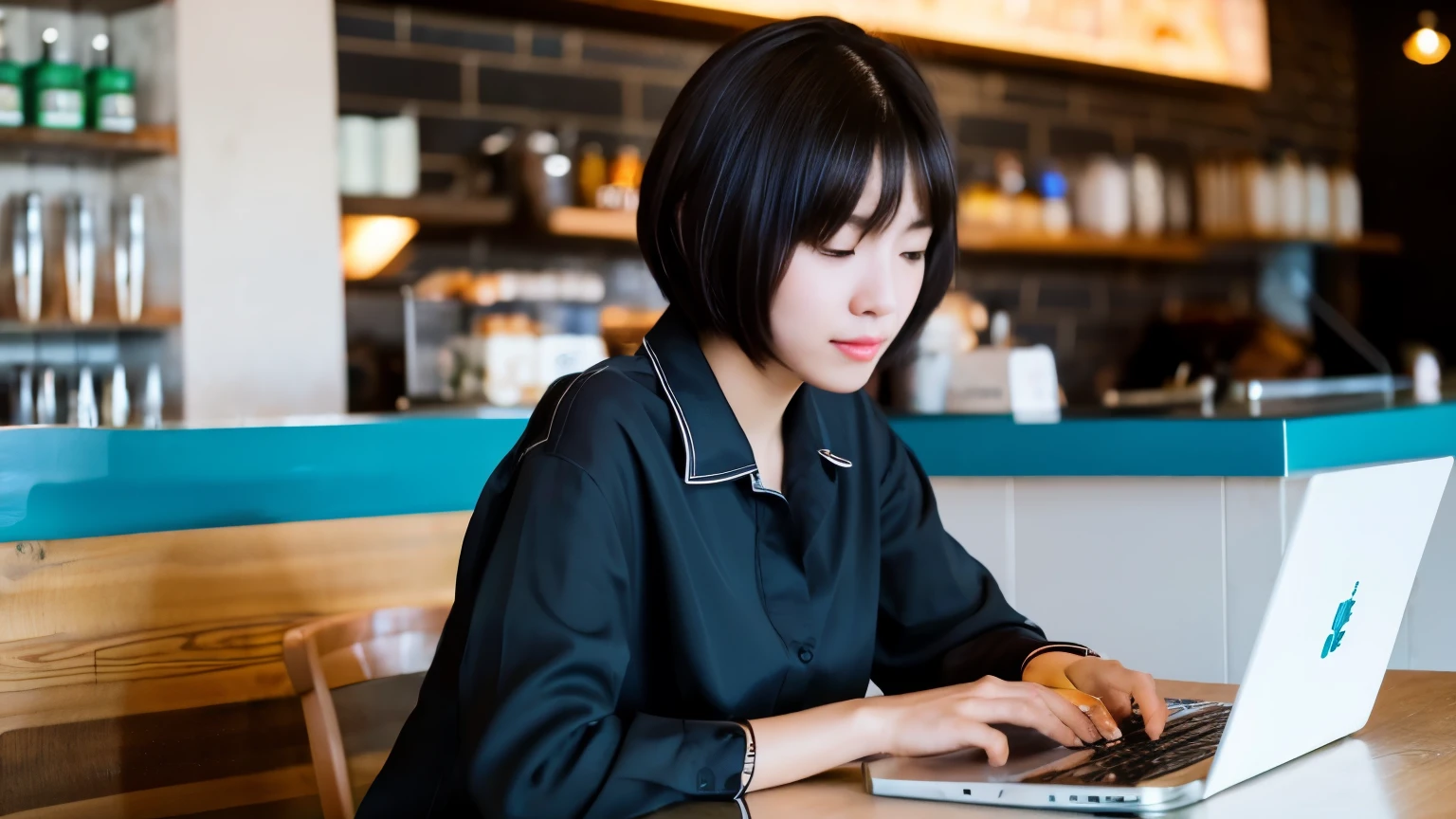 ((highest quality)), ((masterpiece)), (be familiar with), perfect face,A woman working remotely using a laptop at a cafe,Stylish cafe in town,short hair,Female college student