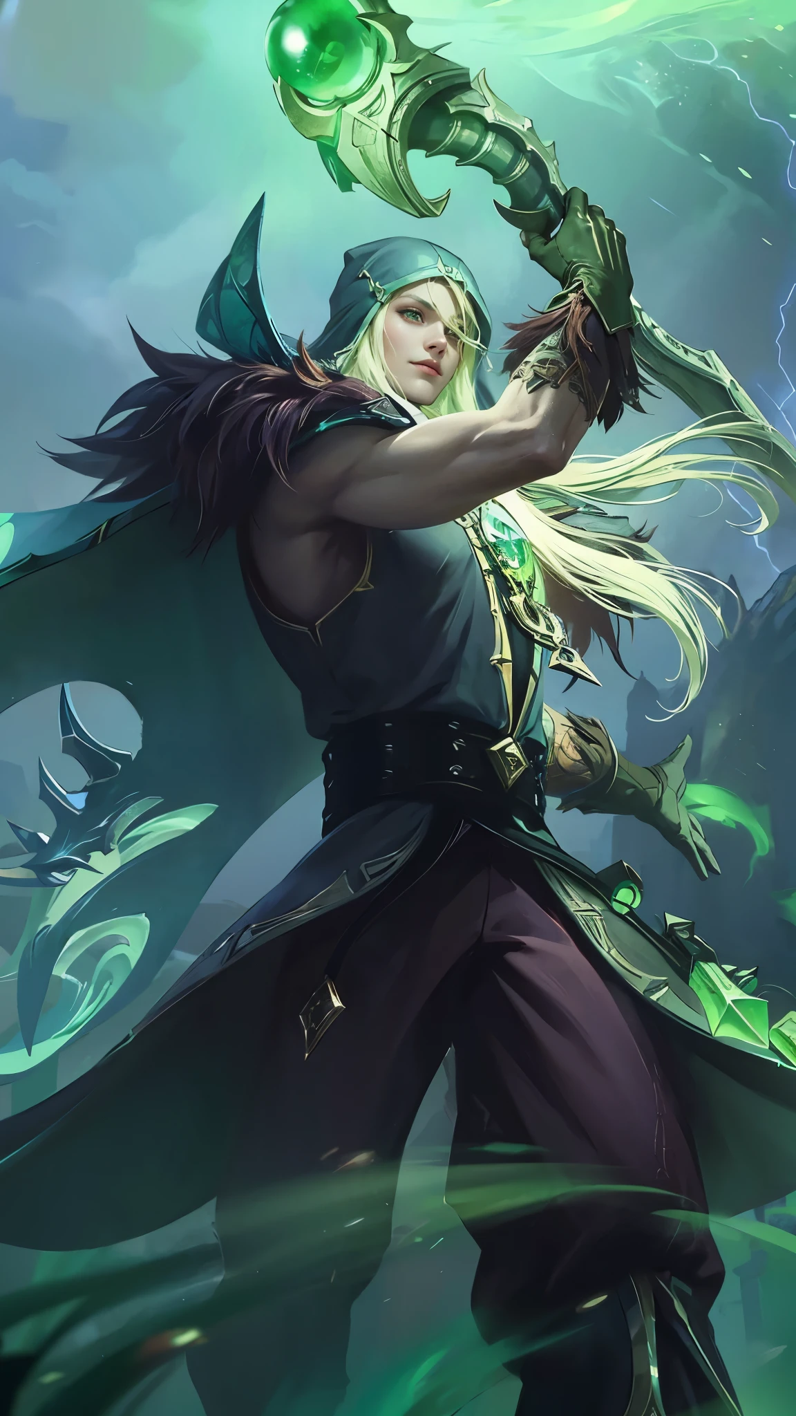Best quality, masterpiece, detailed skin texture, detailed clothes texture, detailed face, super detail, 8k, intricate detail, 1 boy, The color doesn't change, Muscle guy, 1 guy, green eye, a close up of a person holding a green light in their hand, amazing portrait of viego, inspired by Huang Shen, heise jinyao, astri lohne, splash art, league of legends character, by Yang J, official splash art, inspired by Shen Zhou, league of legends character art, character splash art, stanley artgerm lau.