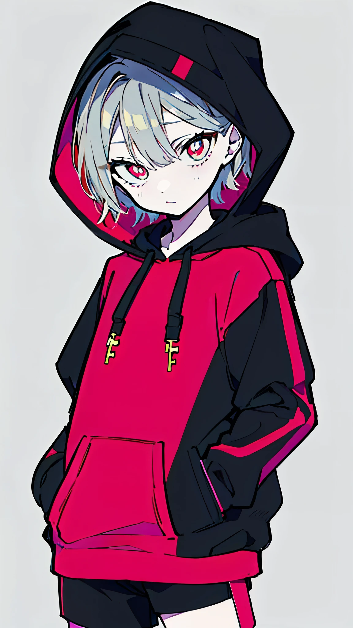 (masterpiece, highest quality:1.6), alone, thick outline, (simple background, Dark gray background, monochrome, dull pink theme:1.2), official art, Key Visual, 8k, confused, whole body, (unique hair, oversized hoodie, hot pants, wearing a hood, arch back, short torso:1.2), belly button, thighs, cowboy shot, HDR, sharp focus, High resolution, most detailed, very detailed, Super detailed, finely, detailed eyes and face, sharp pupils, realistic student, alone, gray and pink contrast, alone, put one&#39;s hand in one&#39;s pocket