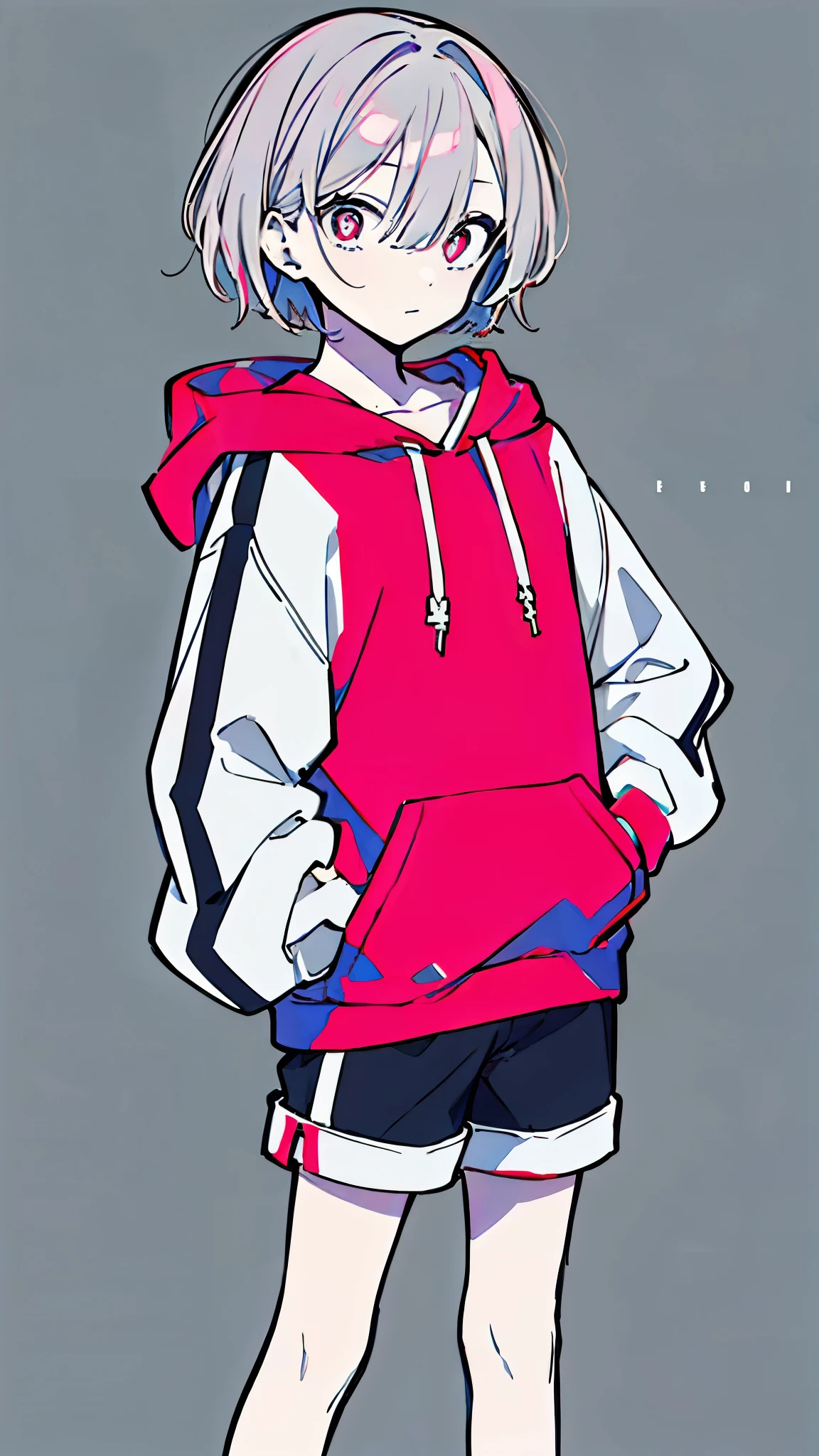 (masterpiece, highest quality:1.6), alone, thick outline, (simple background, Dark gray background, monochrome, dull pink theme:1.2), official art, Key Visual, 8k, confused, whole body, (unique hair, oversized hoodie, hot pants, wearing a hood, arch back, short torso:1.2), belly button, thighs, cowboy shot, HDR, sharp focus, High resolution, most detailed, very detailed, Super detailed, finely, detailed eyes and face, sharp pupils, realistic student, alone, gray and pink contrast, alone, put one's hand in one's pocket