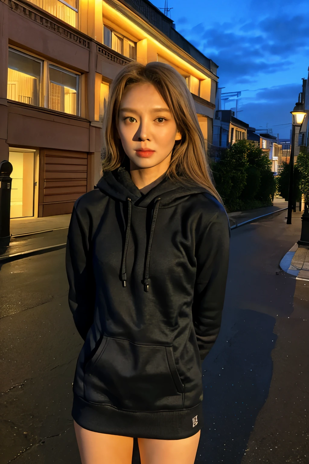 Fujifilm XT3, 8k,close up photo, masterpiece, best quality, (((1girl))), solo,realistic, ((looking at viewer)), photorealistic, (extremely detailed face), looking at viewer, ((ultra-detailed eyes and pupils)), ultra detailed, serious expression, ((standing city street at night)), hoodie, long sleeves, (arms behind back), 