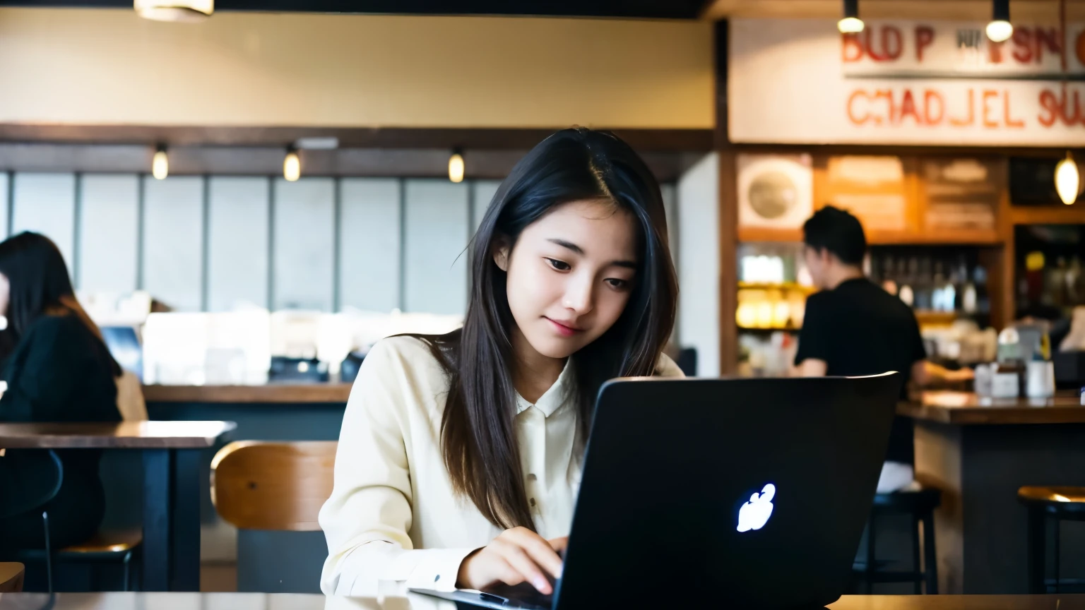 ((highest quality)), ((masterpiece)), (be familiar with), perfect face,A woman working remotely using a laptop in a crowded cafe,Stylish cafe in town,Female college student,