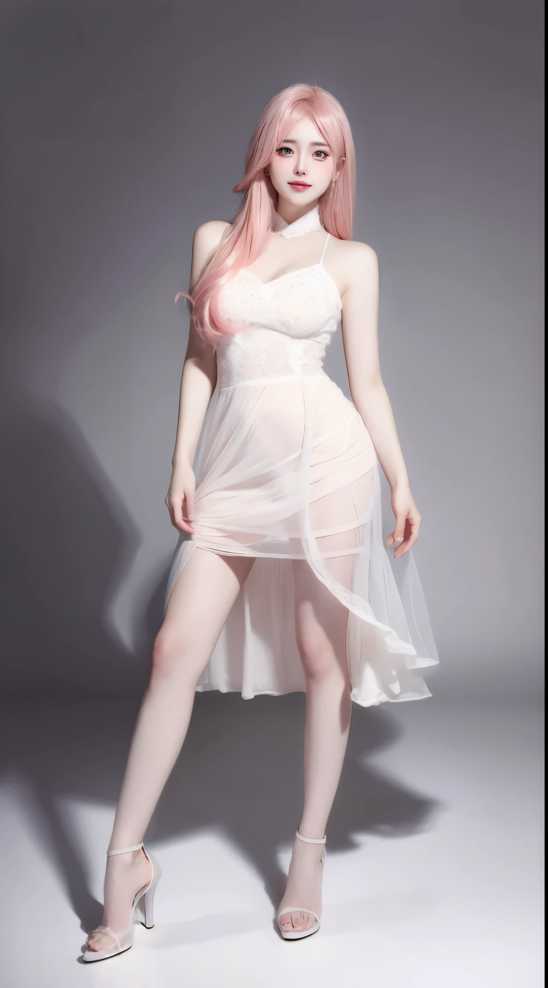 fashion modell, perfect big blue eyes, Perfect iris, Perfect lips, perfect teeth, flawless skin, Glow, (Subdued Color:1.2), Baby Face Woman,
Gorgeous dress up, snow white see-through lace dress, super long pink hair, arms up, one girl,
Standing, back view, white stiletto sandals high heels,
Kamimei, Photorealsitic、8k picture, full picture