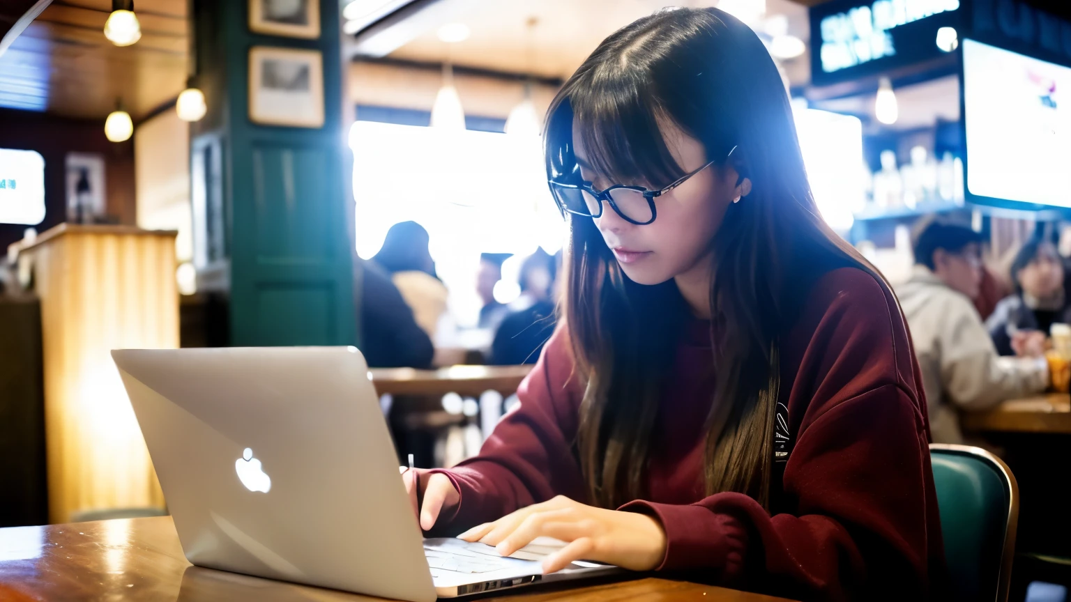 ((highest quality)), ((masterpiece)), (be familiar with), perfect face,A woman working remotely using a laptop in a crowded open cafe,Stylish cafe in town,Female college student,