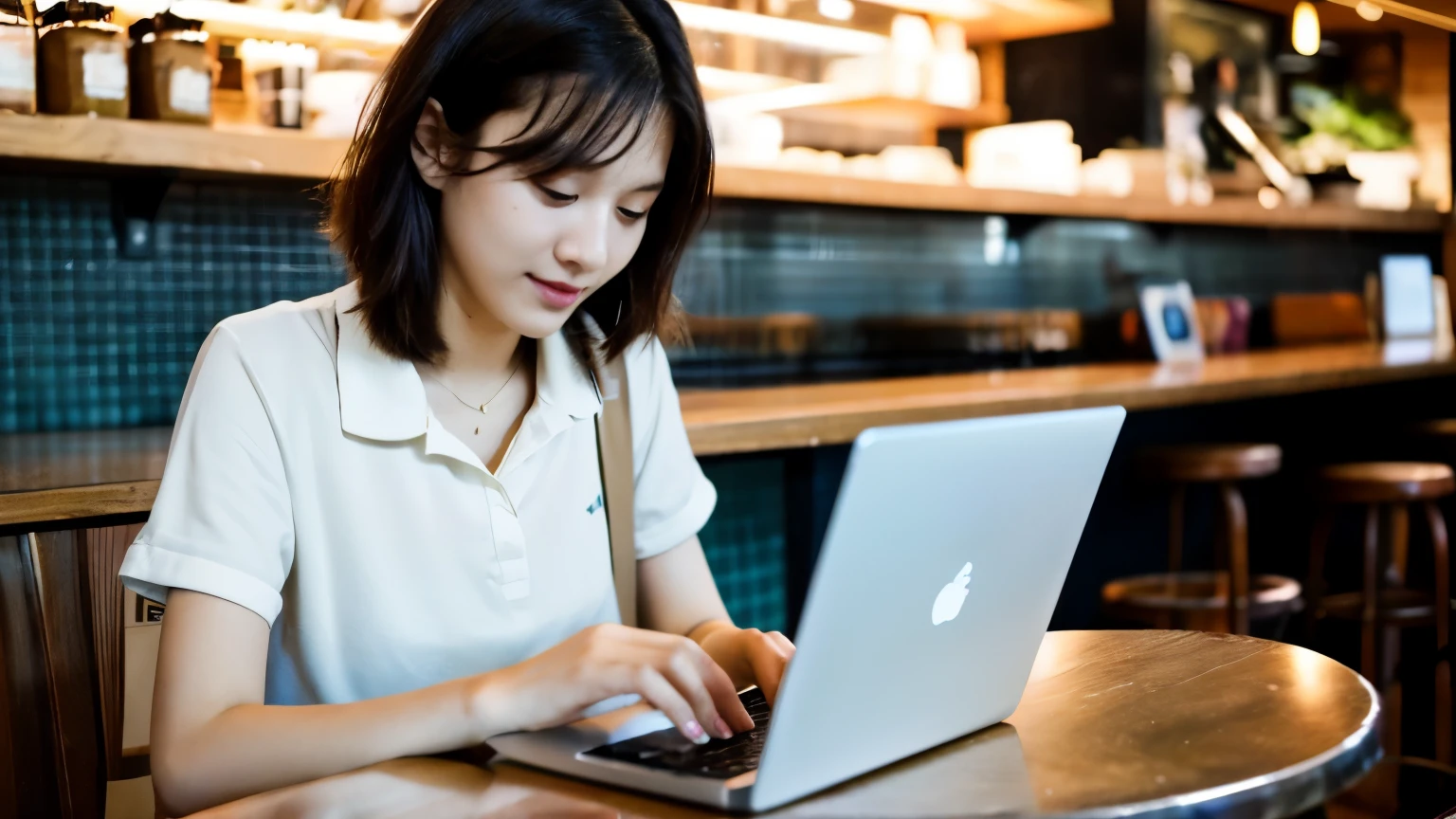 ((highest quality)), ((masterpiece)), (be familiar with), perfect face,A woman working remotely using a laptop in a crowded open cafe,Stylish cafe in town,Female college student,