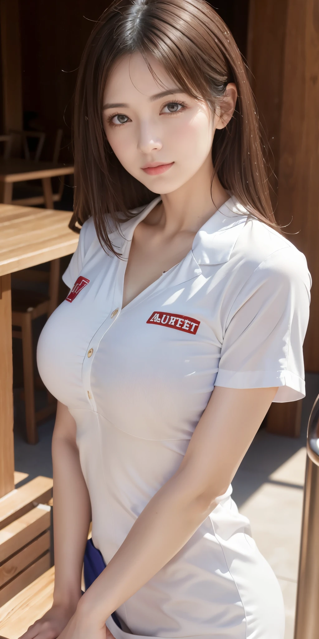 Photoreal、Masseter muscle part、highest quality、High resolution、RAW photo、realistic、bright lighting、face light、smooth professional lighting、alone、japanese woman、Half beauty、adult woman、Beautiful woman、modeled、super beautiful、realistic skin、realistic face、beautiful eyes、brown eyes、Inconspicuous tear bags、slim、medium big breasts、short hair、brunette colored hair、looking at camera、fun、Happy、camel toe、nurse uniform、cosplay、hospital、
