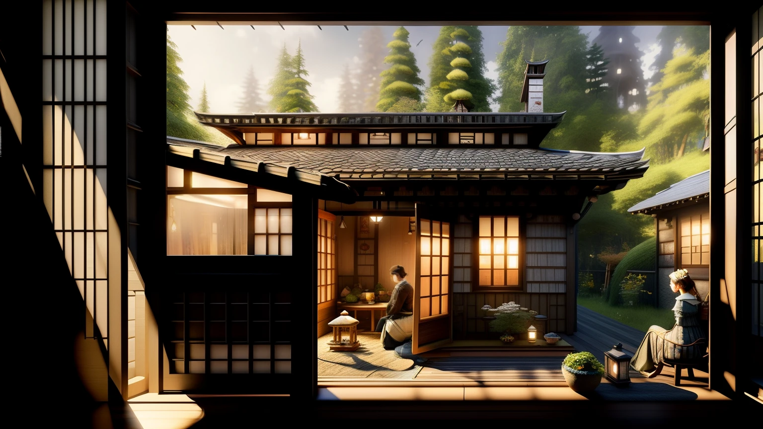 Many people are sitting on the balcony of the house, Multidimensional cozy izakaya, Beautiful rendering of a fairy tale, quiet wooden house, cozy place, very highly detailed, high resolution, by Antoine Wiertz, highly detailed, Also very detailed, highly detailed scene, cottage core!!, realistic fantasy rendering, incredibly highly detailed