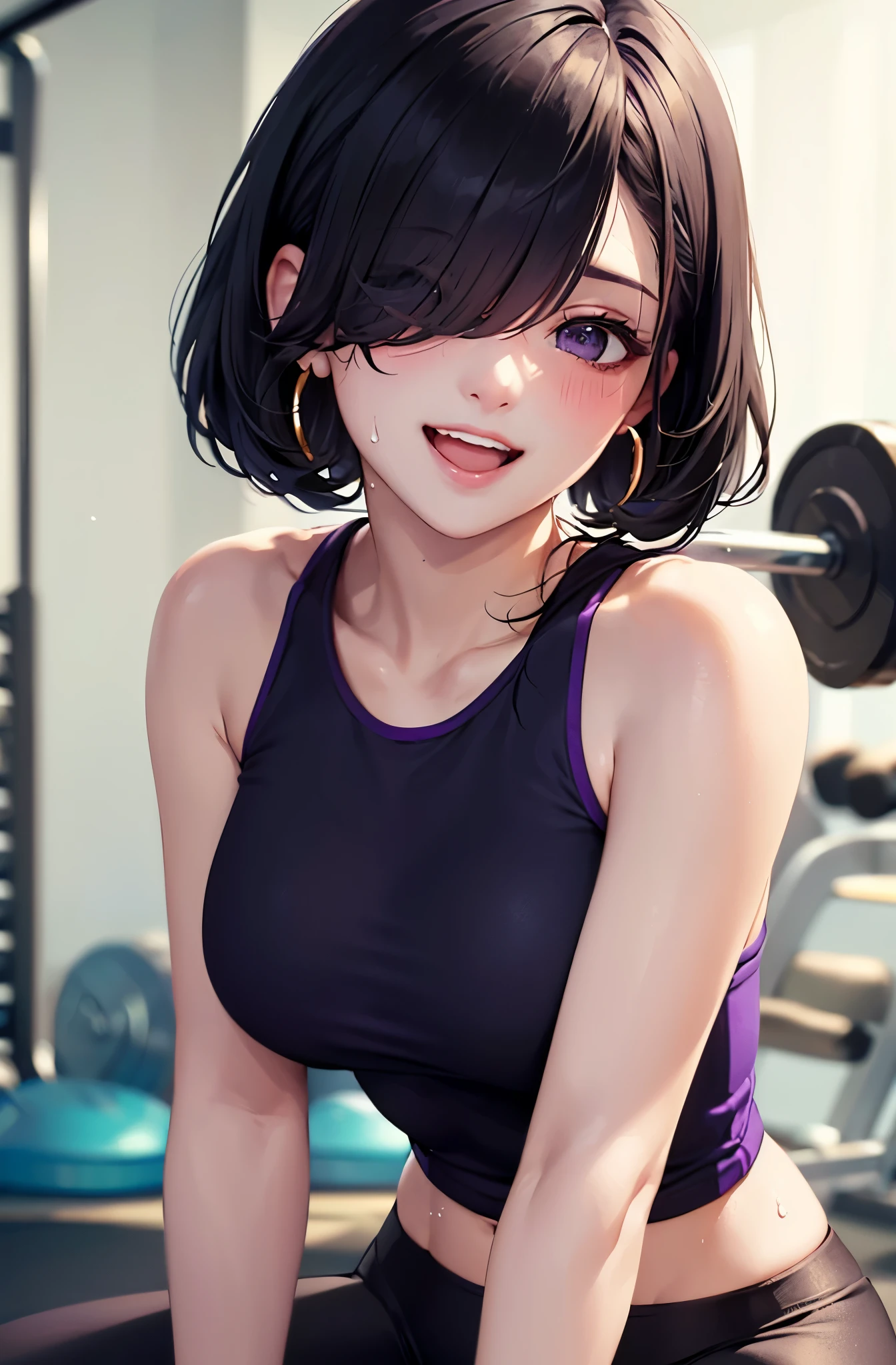 (masterpiece:1.5)、(highest quality:1.5)、(8K:1.2)、(Super detailed:1.2)、(realistic:1.2)、(ultra high resolution:1.2)、(Highly detailed and realistic skin:1.2)、(Very detailed and clean sharp eyes:1.2)、(Bright lighting1.3)、(are training:1.6)、(sweating:1.4)、(At the training gym:1.3)、(The best smile with an open mouth:1.4)、break、(18 year old woman with slender figure:1.2)、(beautiful eyeliner)、(beautiful eyeshadow)、natural color lip、break、(Purple gym wear:1.4)、break、(black leggings:1.2)、break、(Medium black bob hair that covers one eye:1.3)、break、(big gold earrings:1.1)、(medium beautiful breasts)、(blushing cheeks:1.2)、