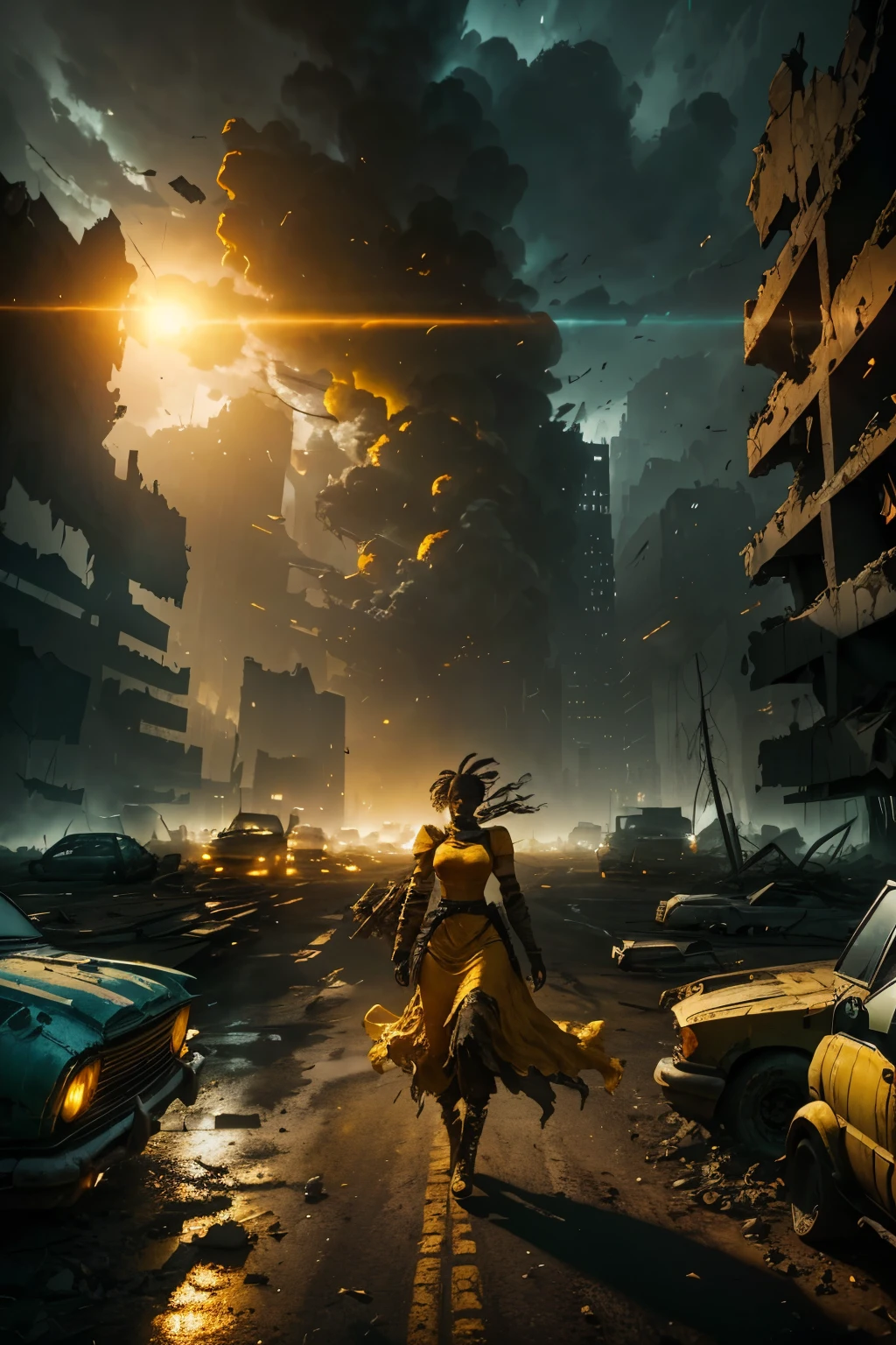 A captivating image of a resilient black woman traversing a forsaken wasteland scape, engulfed by the haunting ruins of shattered buildings and damaged automobiles. Amidst the despair, an ethereal array of broken particles are suspended in the air, illuminated by the brooding, yellow sun above. The scene's mood is intensified by the cinematic lighting that casts a dark, yellow color grading, creating an atmospheric vision. The thick, yellow fog adds a layer of mystery to the surroundings, further emphasizing the hyper-realistic rendering in 32k ultra HD resolution using Octane 3D. The captivating details