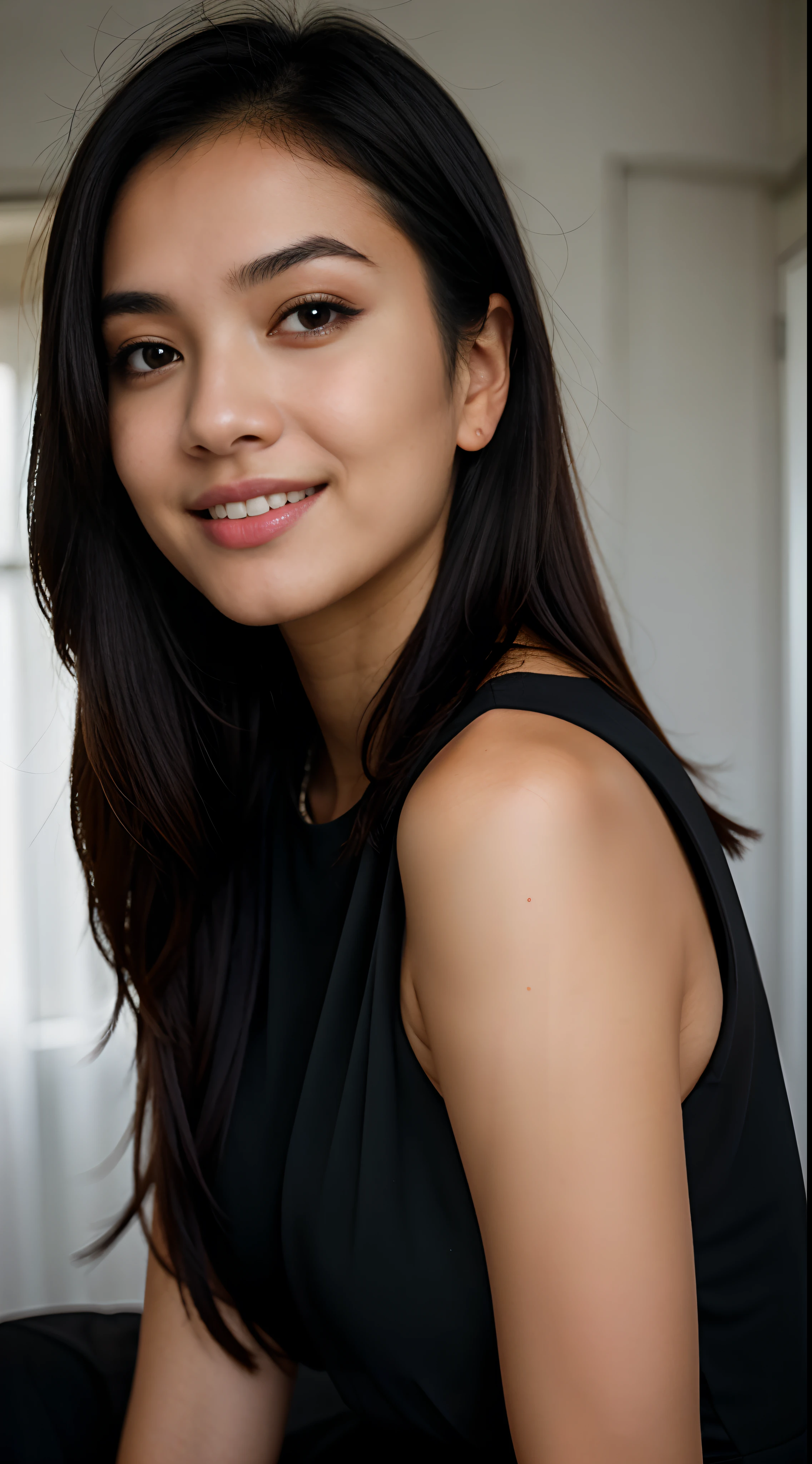 Foto CRU, QUEBRA DSLR (kkw-ph1:0.9) BREAK retrato de meio corpo de 1 jovem mulher de 18yo, cabelo preto, usando vestido preto maravilhoso, Olhos perfeitos, perfect lips, nariz perfeito, Professional color grading, mulher maravilhosa, fundo escuro, mulher fofa, filipina, mulher filipina, sorridente, Mulher morena linda tirando selfie realista