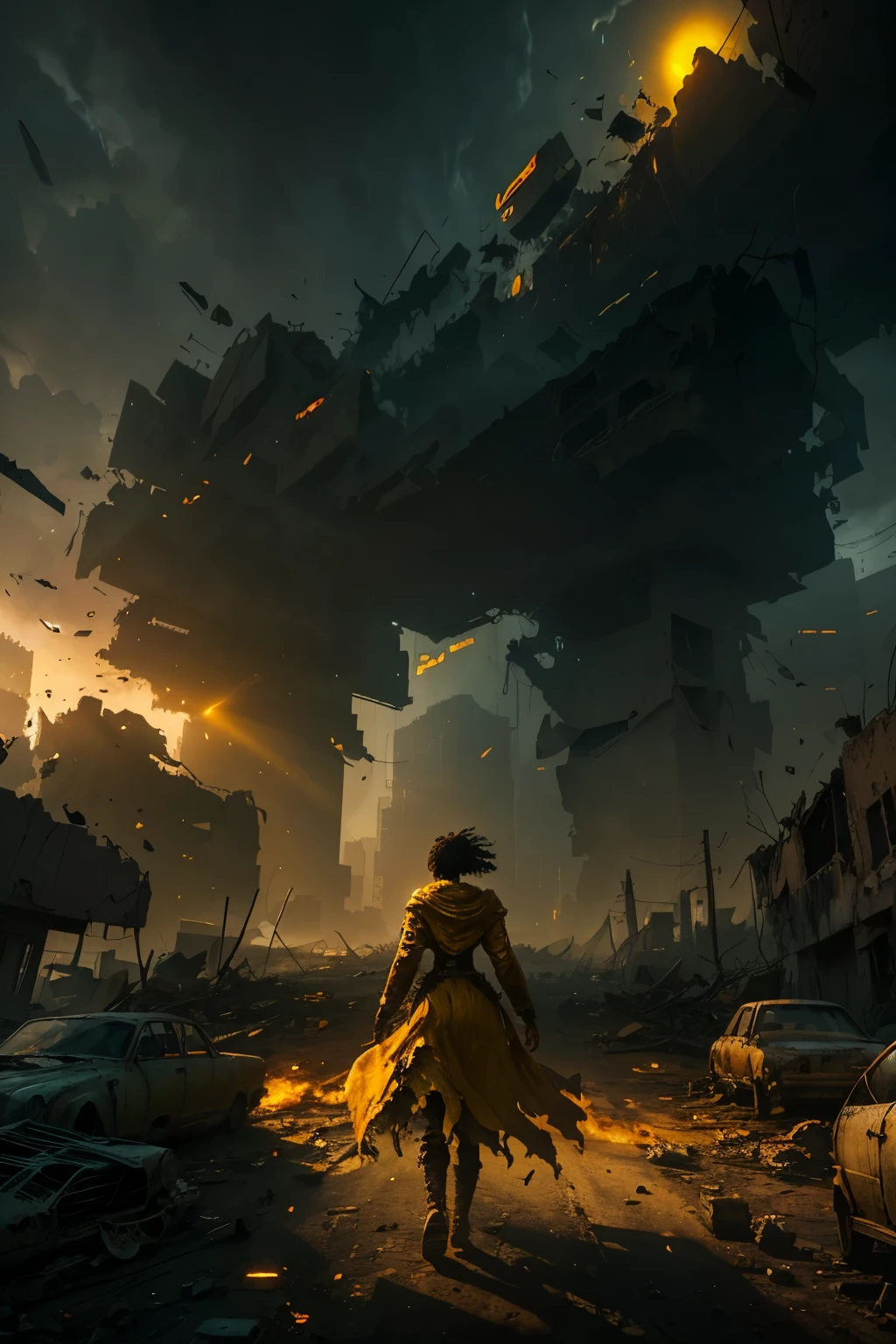 A captivating image of a resilient black woman traversing a forsaken wasteland scape, engulfed by the haunting ruins of shattered buildings and damaged automobiles. Amidst the despair, an ethereal array of broken particles are suspended in the air, illuminated by the brooding, yellow sun above. The scene's mood is intensified by the cinematic lighting that casts a dark, yellow color grading, creating an atmospheric vision. The thick, yellow fog adds a layer of mystery to the surroundings, further emphasizing the hyper-realistic rendering in 32k ultra HD resolution using Octane 3D. The captivating details