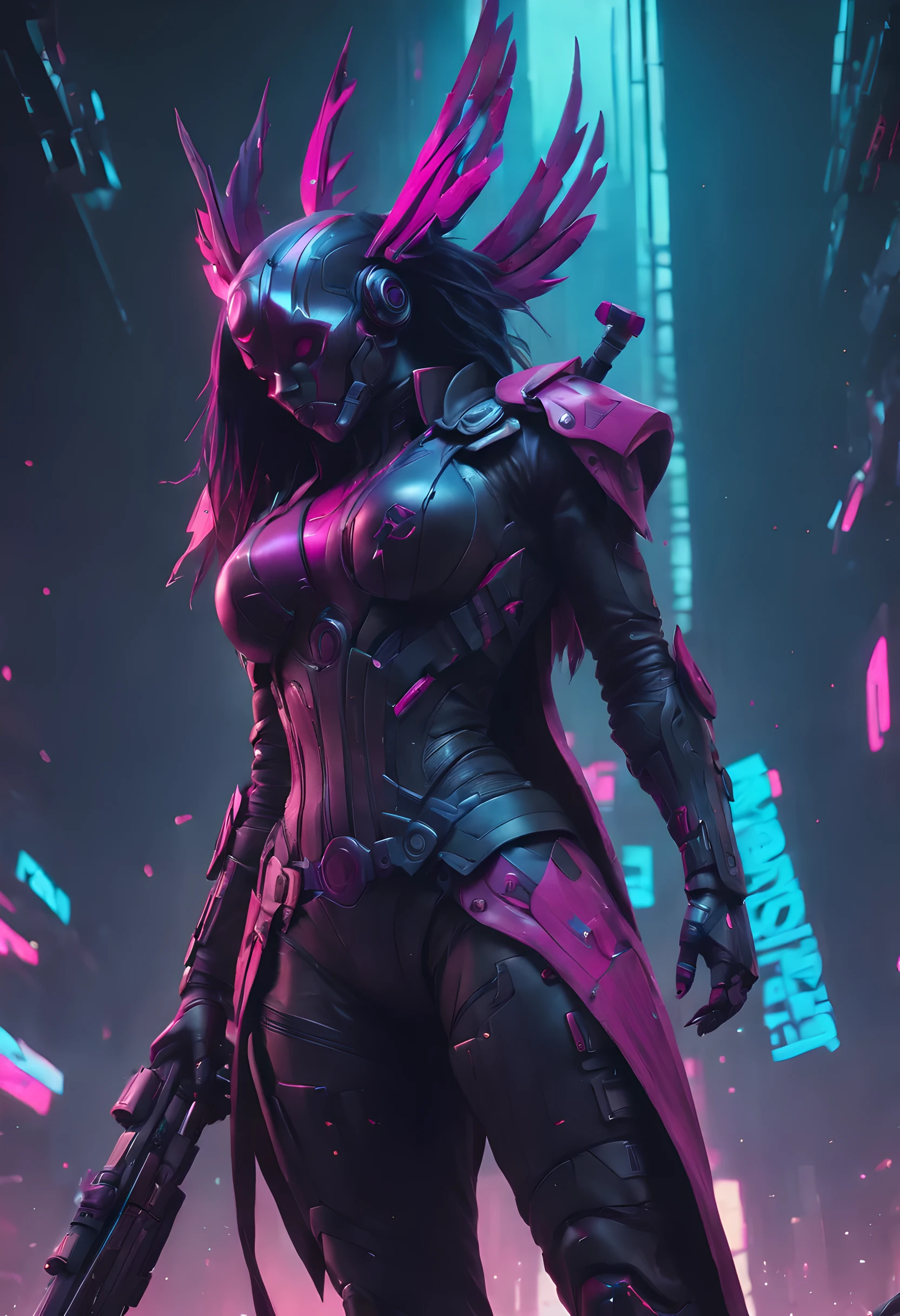 4K illustration, Alta qualidade, Fundo: ((cor roxo, rosa e azul com gradiente, preto no fundo com falhas cyberpunk)), jaqueta com capuz, espacial, nebulosa, Guardians of the Galaxy.