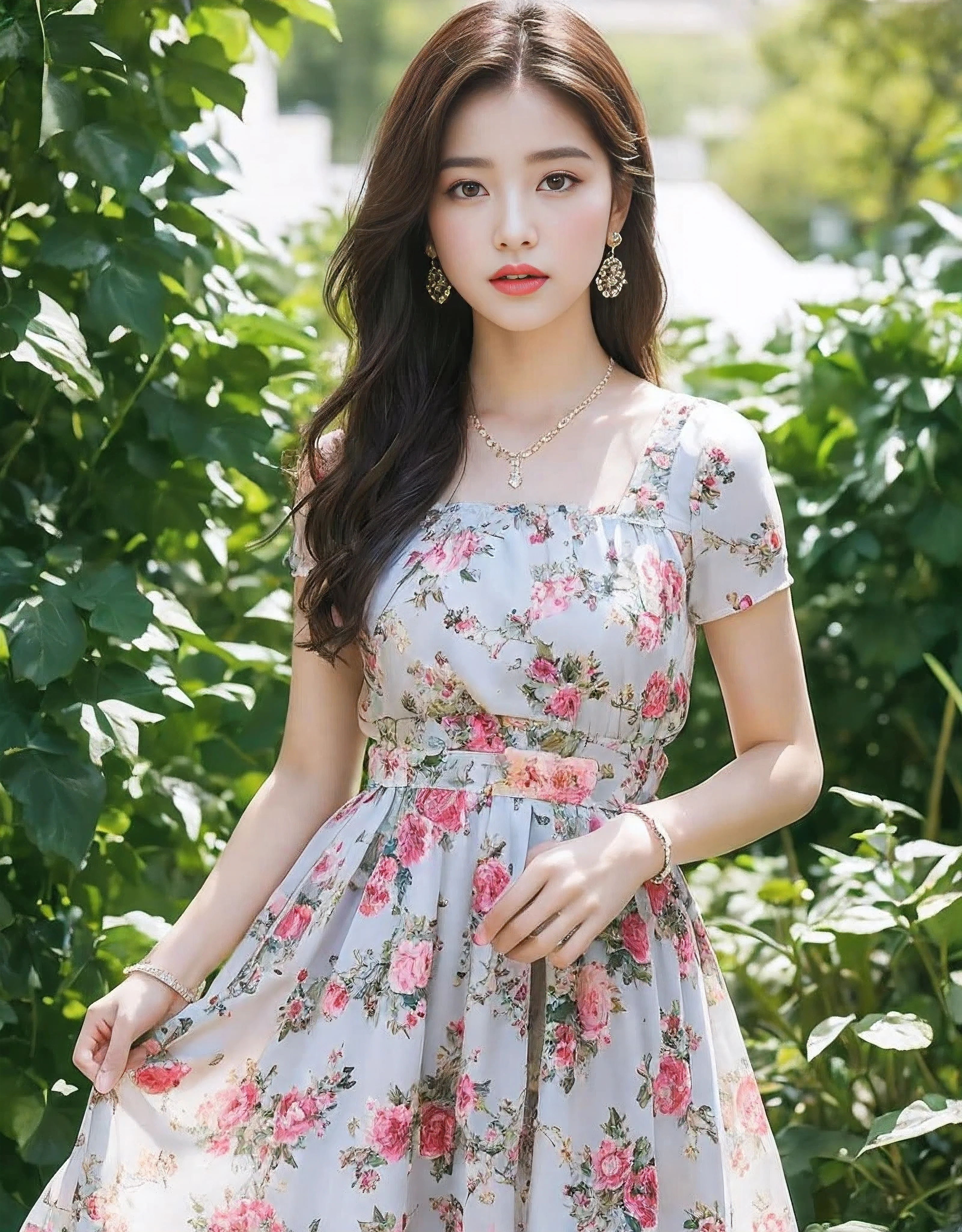 8k, masterpiece, best quality, actual,Portrait of a beautiful young woman in a floral dress, Pair it with a diamond necklace, earrings, and cuff bracelets