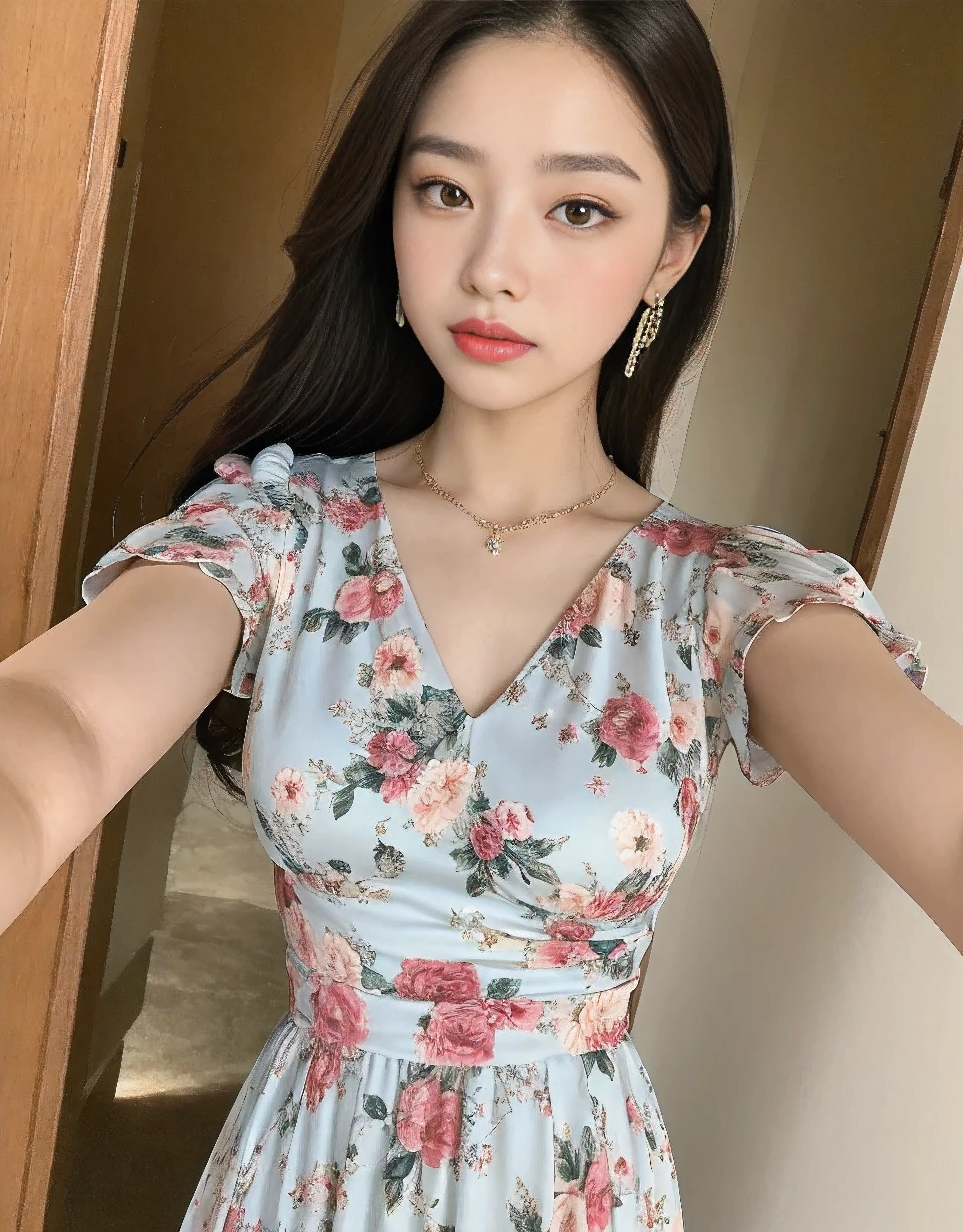 8k, masterpiece, best quality, actual,Portrait of a beautiful young woman in a floral dress, Pair it with a diamond necklace, earrings, and cuff bracelets