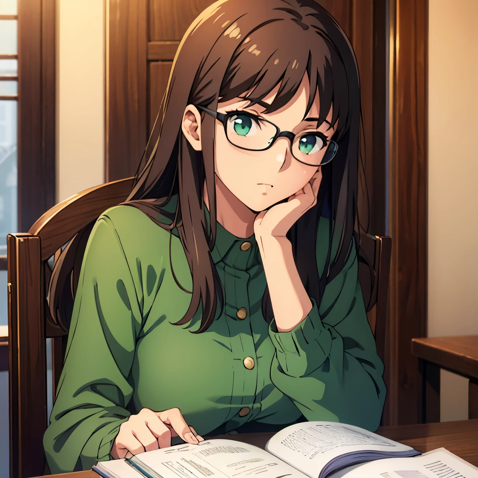 A 20-year-old,cool,beautiful,female university student.She has a serious personality.she is wearing glasses.She has brown hair and emerald eyes.1960s,young lady,