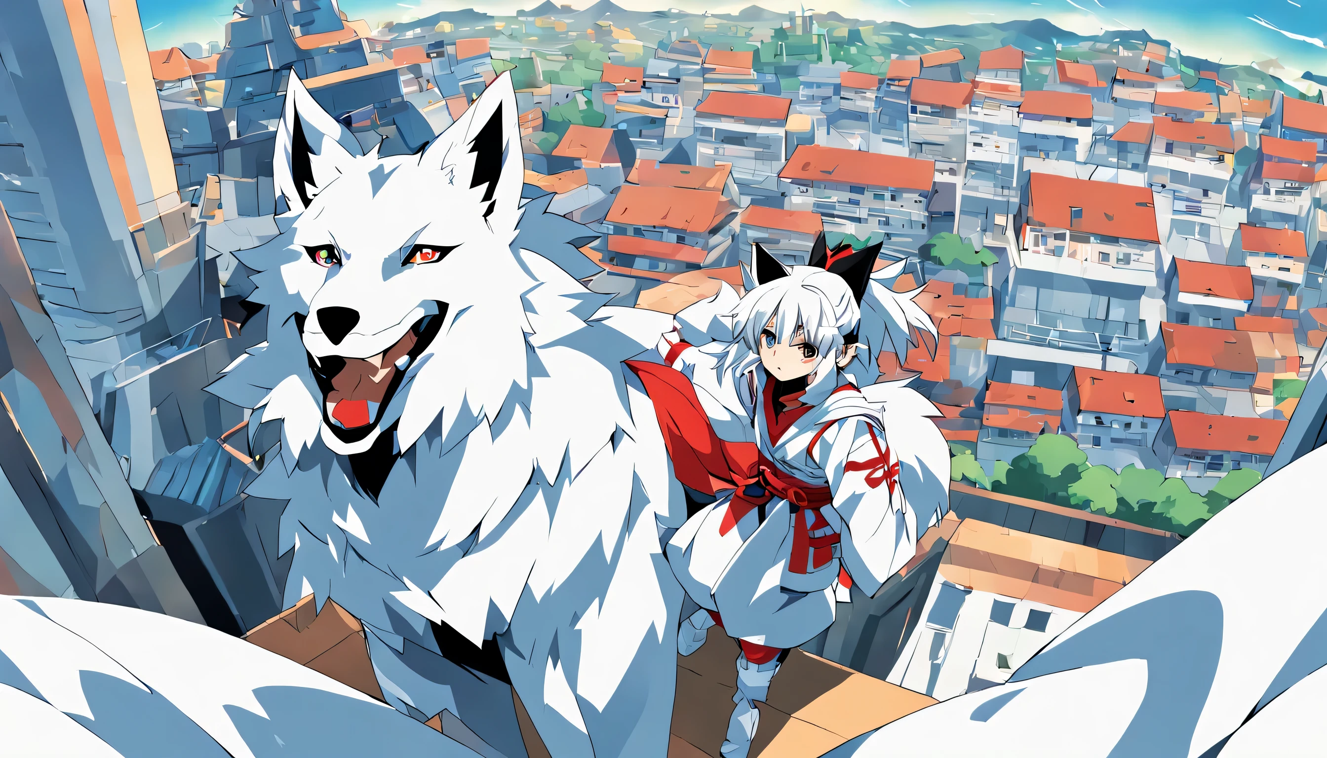 Estilo anime 2D dos anos 90, linhas tracejadas grossas, estilo vetorial, a ninja with characteristic white clothes and red details and at his side there is a large white wolf, they are in an elevated place overlooking a big city