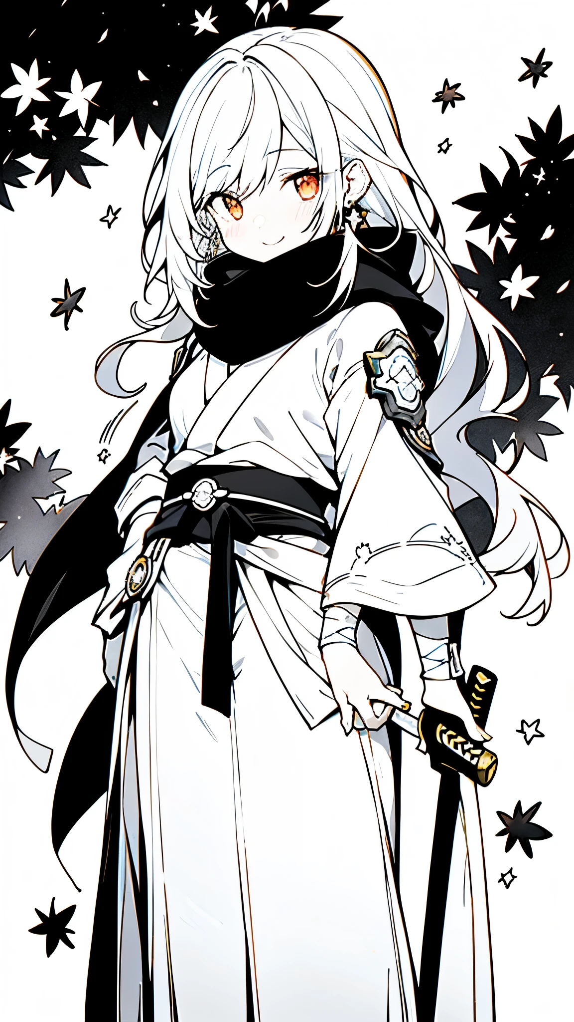 ((masterpiece:1.4,best quality))+,(Ultra-detailed)+,(super detailed eyes)+,(long black scarf:1.5),
(cute girls),15 years old,(orange eyes:1.15),starry sky long hair,Smile,black earrings,empty eyes
(she wears black samurai,Cherry blossoms'emblem,:1.5),(Starry Sky Cloak:1.4)The sleeve on the right is very long,autumn leaves,Hand white bandage,Dream bubbles ,black nails,Vines surround,Golden spine,(katana on the waist:1.2)(The chest is wrapped in a bandage:1.5)
(scar:1.1),
(Dawn light:1.2),
(Thick black and white:1.16),(depth of field:1.4),,intricate details,