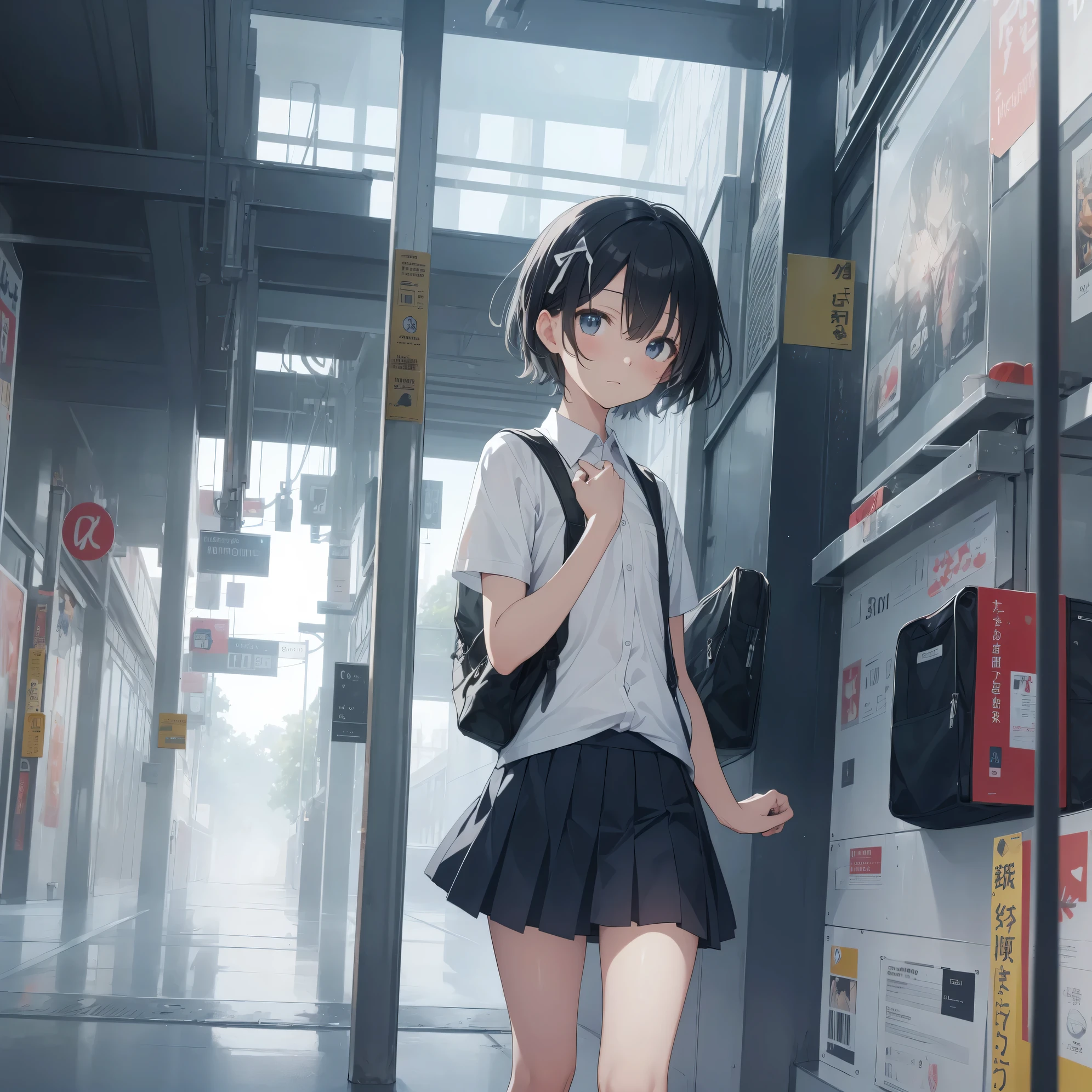 Ultra-highest quality by the art god, super detailed, High resolution, anime moe art style, Best Anime 8K Kona-chan Wallpaper, pixiv contest winner, perfect anatomy, break,(眠そうにalone学校へ行く女の子を描いてください. )break,1 girl, (alone,little woman, , 13 years old:1.3),All limbs, full finger,, The charm of an immature body, (very short hair), bangs, flat chest, Small Bodysuits, small ass, between legs, small black eyes, detailed and beautiful eyes, Well-proportioned iris and pupils, expressive eyes, High resolutionの詳細な髪, ribbon, neck ribbon, skirt, collared shirt, pleated skirt, school uniform, school bag,(detailed lighting), (detailed background), On the way to school. break,super dense skin, Best lighting by famous artists, 8k, cute illustration,Hmm, rough skin,Absurd Hi-Res