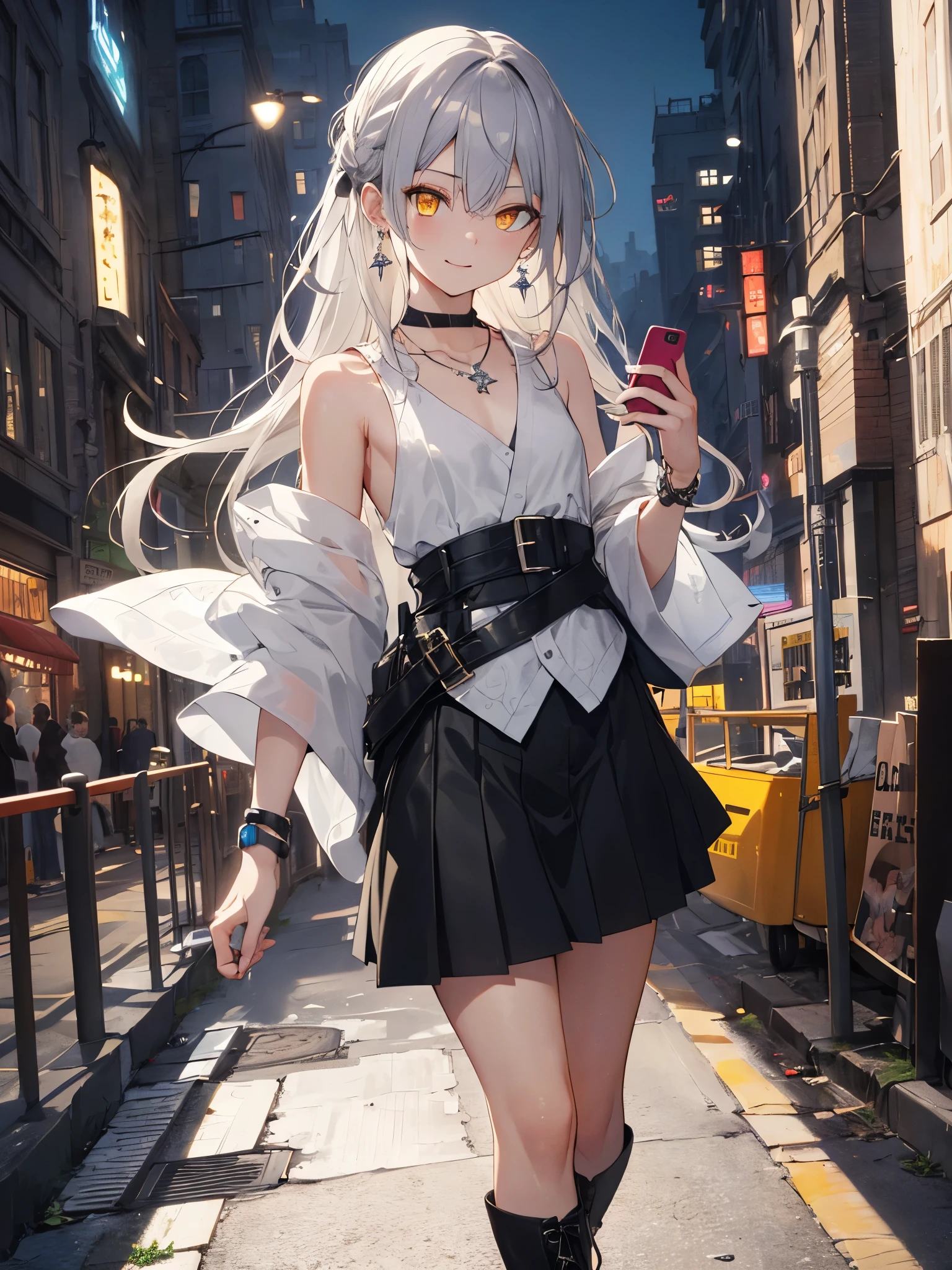 (masterpiece, best quality:1.2), (absurdres, highres, ultra-detailed), (perfect ???????) , 
1 woman,
mullet hairstyle,
silver hair,
yellow eyes,
(tsurime eyes:1.5),
sleeveless shirt,
See-through sleeves,
(flat chest:1.1),
skirt,
boots,
light smile,
(makeup:1.1) ,
diamond earring,
platina necklace,
Watch bracelet,city,WALKing,((holding phone)),
(8k, RAW photo:1.2), detailed face and eyes,intricate detail ,masterpiece ,sharp focus, high quality,BREAK