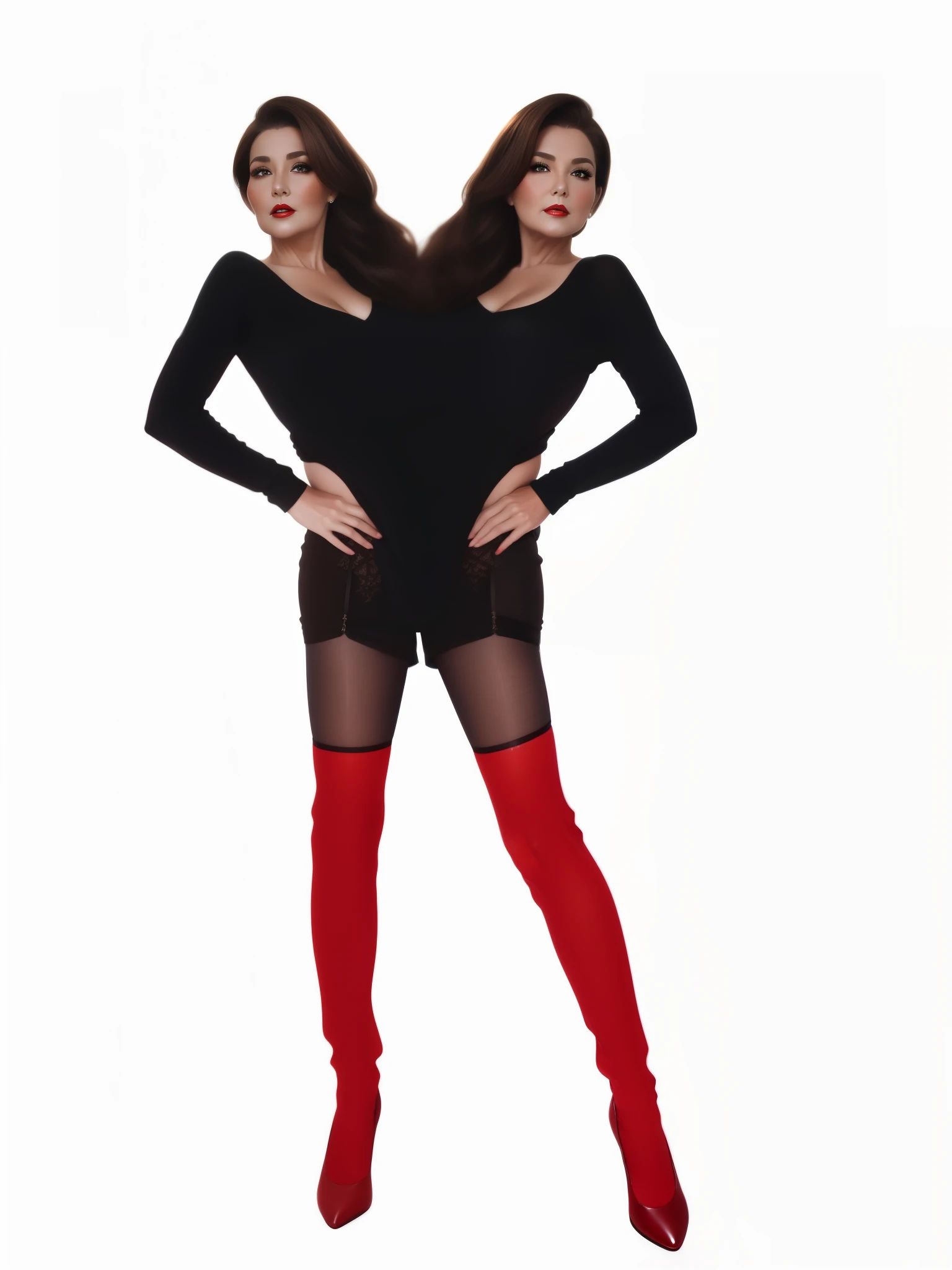 2 heads,Portrait of a 60 year old woman with brown hair, captivating gaze, brown eyes, wrinkles on her face, black pantyhose,She wears very sexy lingerie that exposes her big saggy breasts。。, light makeup and red lips. 32K